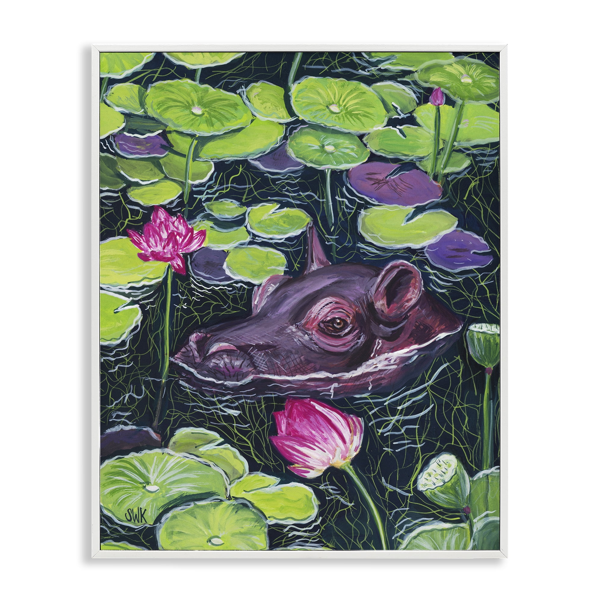 Stupell Industries Hippo & Blossoms Pond White Framed Giclee Art, design by Sarah Waldron Kimball