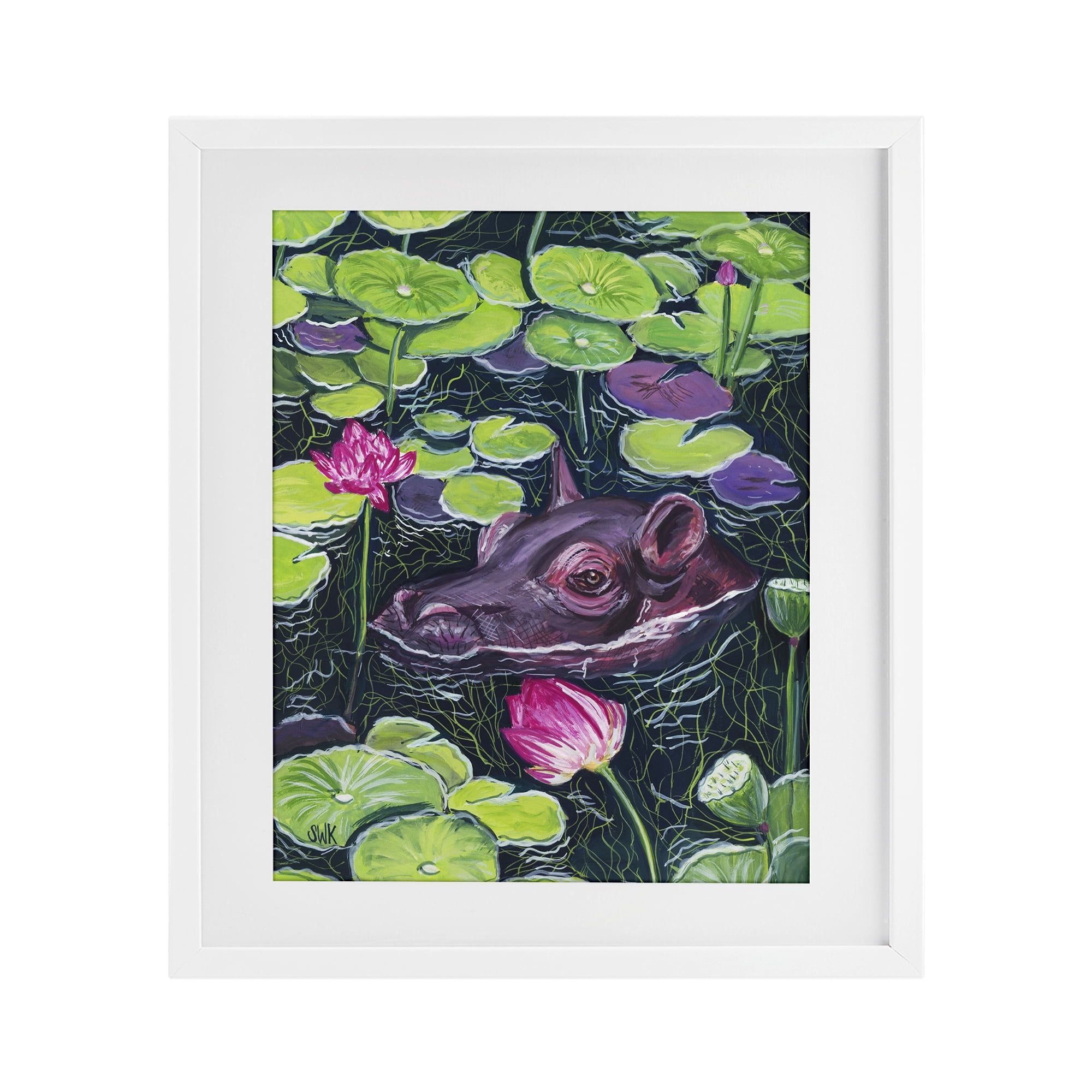 Stupell Industries Hippo & Blossoms Pond White Framed Print Under Glass, design by Sarah Waldron Kimball