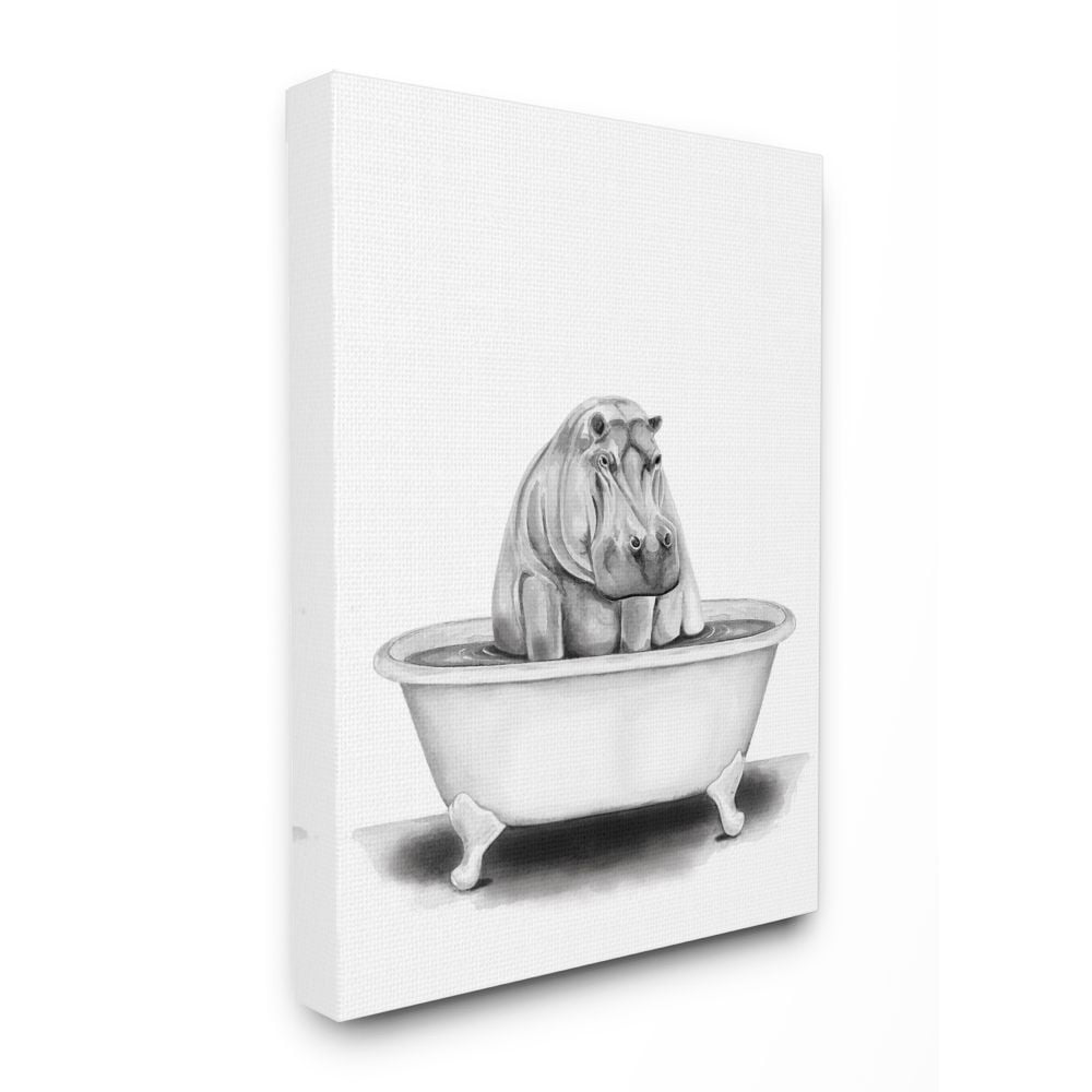 Stupell Industries Hippo In A Tub Funny Animal Bathroom Drawing Canvas Wall Art by Rachel Neiman, 30" x 40"