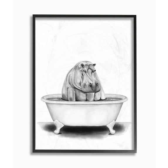 Stupell Industries Hippo In A Tub Funny Animal Bathroom Drawing Framed Wall Art by Rachel Neiman, 16" x 20", Black Framed