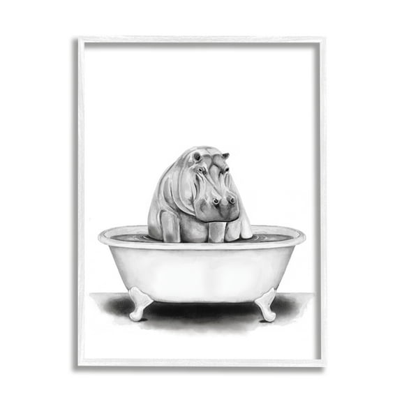 Stupell Industries Hippo In A Tub Funny Animal Bathroom Drawing White Framed Art Print Wall Art, 11x14, by Rachel Neiman