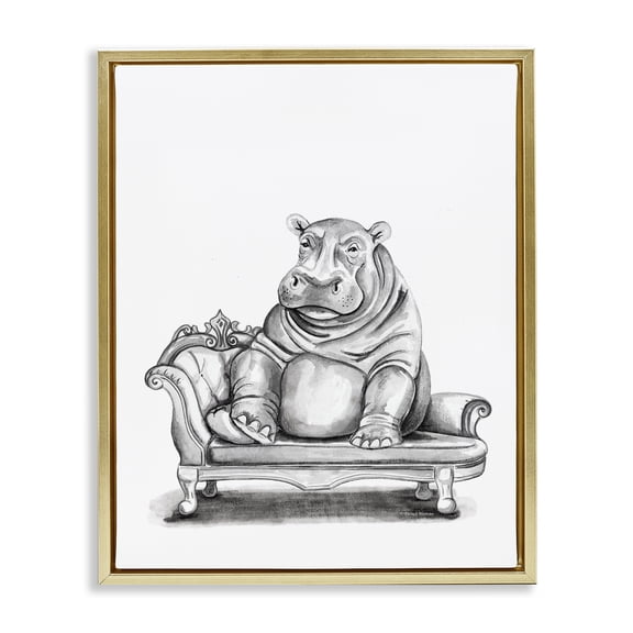 Stupell Industries Hippo Lounging on Chaise Animals Painting Gold Floater Framed Canvas Art Print Wall Art, 17 x 21