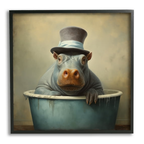 Stupell Industries Hippo Rustic Tub Animals & Insects Painting Black Framed Art Print Wall Art, 17 x 17