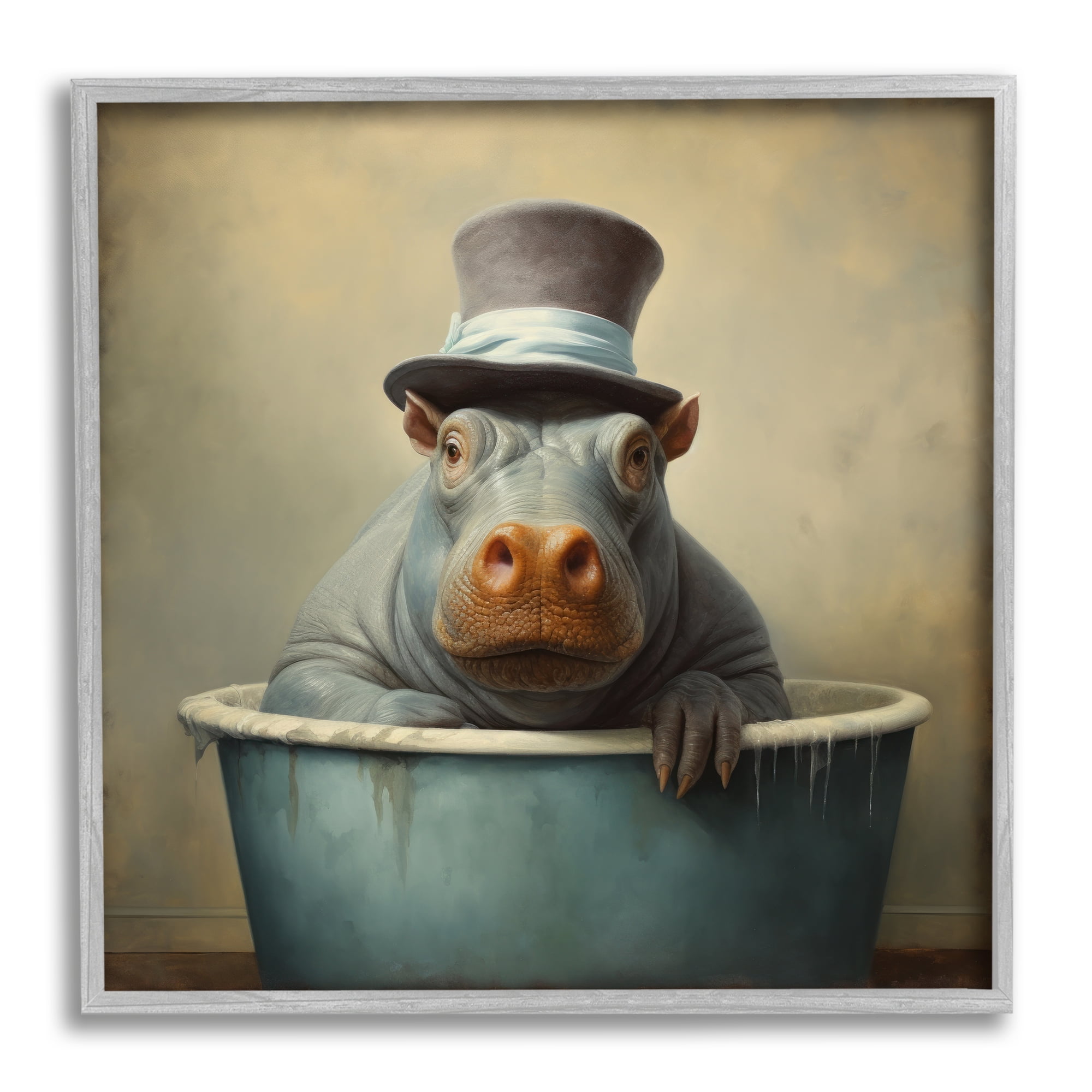 Stupell Industries Hippo Rustic Tub Animals & Insects Painting Gray Framed Art Print Wall Art, 24 x 24