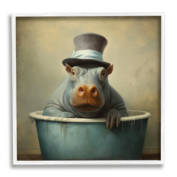Stupell Industries Hippo Rustic Tub Animals & Insects Painting White Framed Art Print Wall Art, 17 x 17