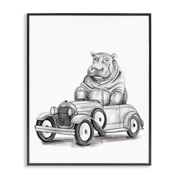Stupell Industries Hippo in Hot Rod Transportation Painting Black Framed Art Print Wall Art, 11 x 14