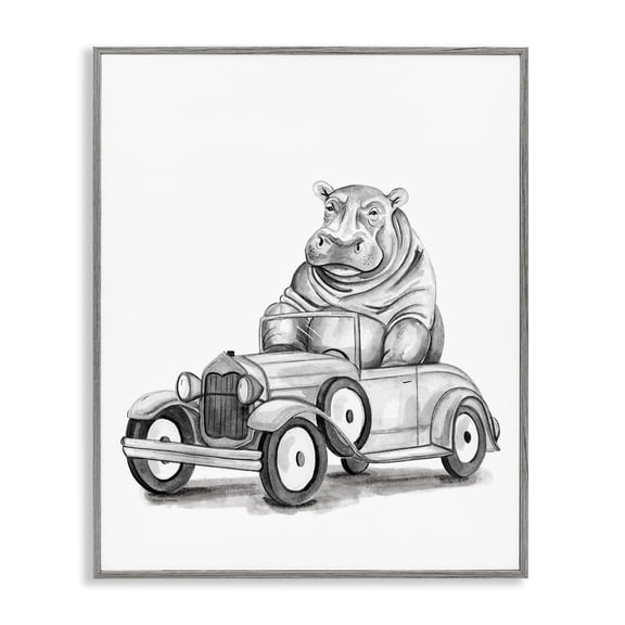 Stupell Industries Hippo in Hot Rod Transportation Painting Gray Framed Art Print Wall Art, 11 x 14