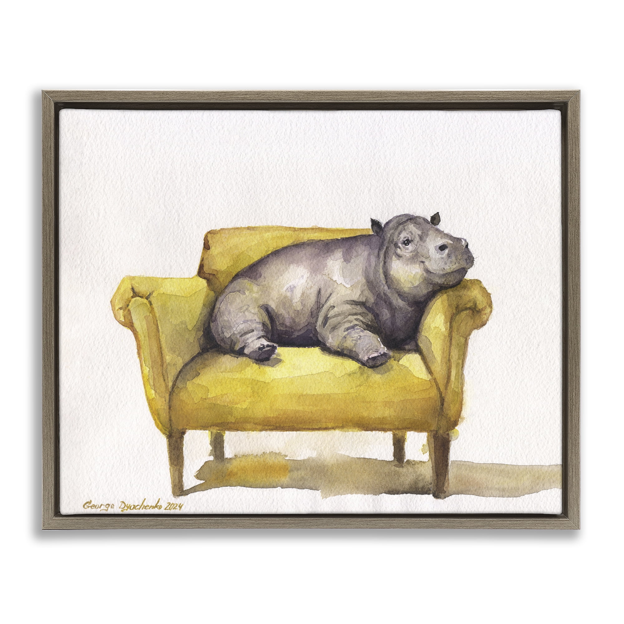 Stupell Industries Hippo on Yellow Chair Animals Painting Brown Floater Framed Canvas Art Print Wall Art, 31 x 25