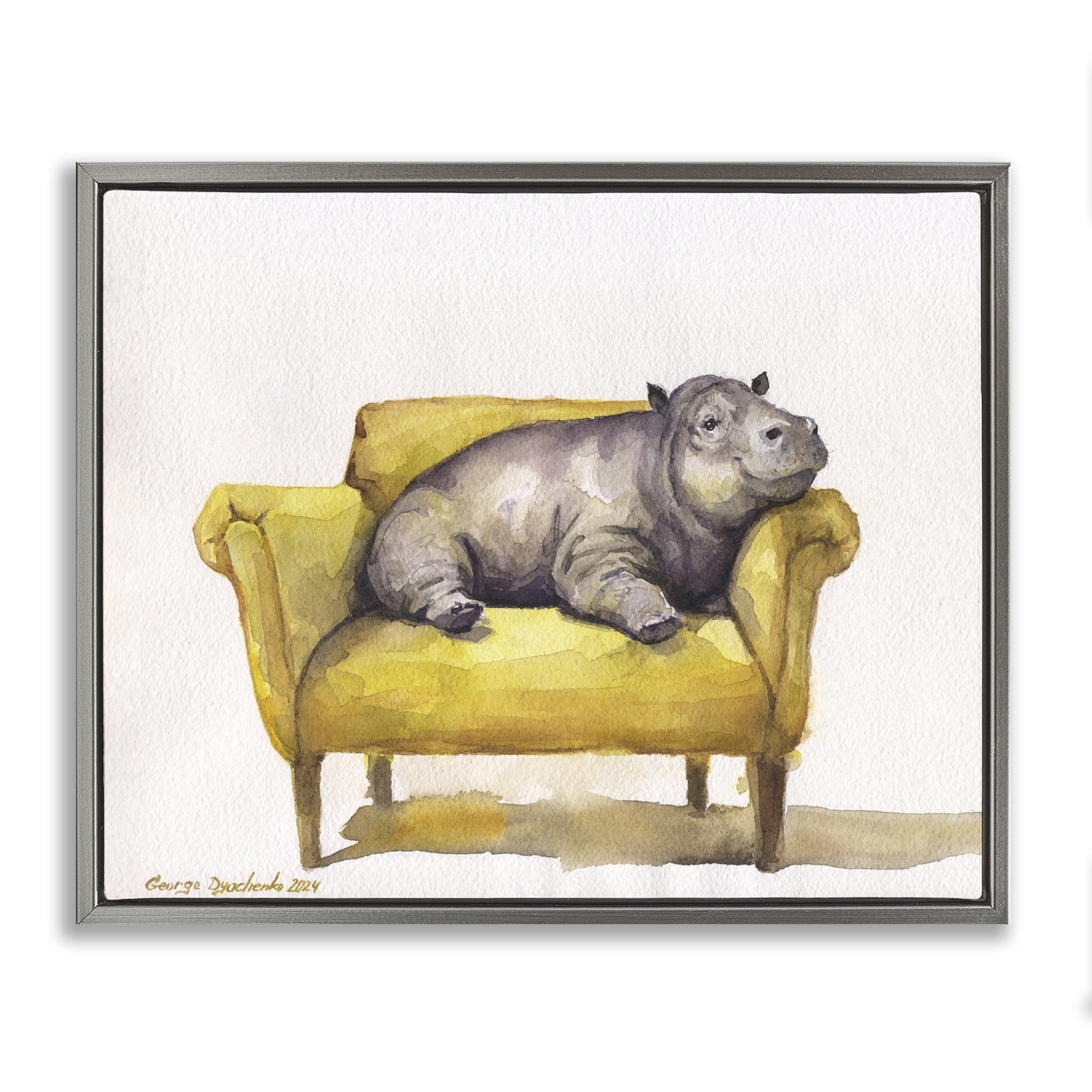 Stupell Industries Hippo on Yellow Chair Animals Painting Gray Floater Framed Canvas Art Print Wall Art, 21 x 17
