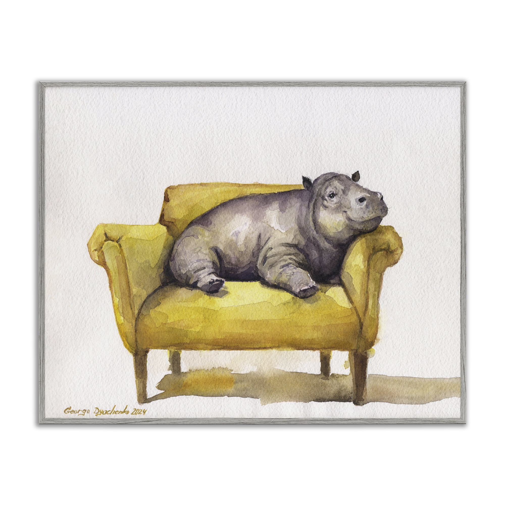 Stupell Industries Hippo on Yellow Chair Animals Painting Gray Framed Art Print Wall Art, 30 x 24