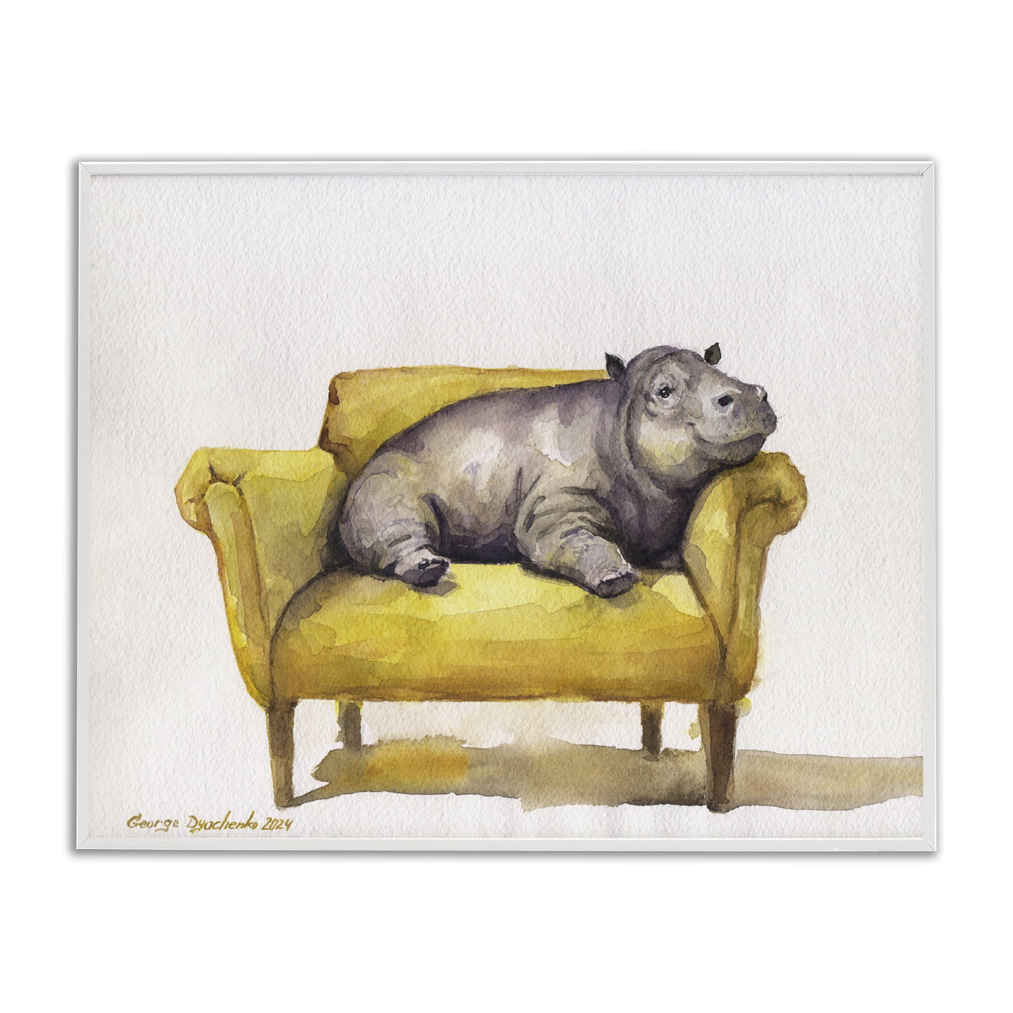 Stupell Industries Hippo on Yellow Chair Animals Painting White Framed Art Print Wall Art, 30 x 24