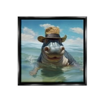 Stupell Industries Hippo with Trendy Hat Animals & Insects Painting Black Floater Framed Canvas Art Print Wall Art, 18 x 18