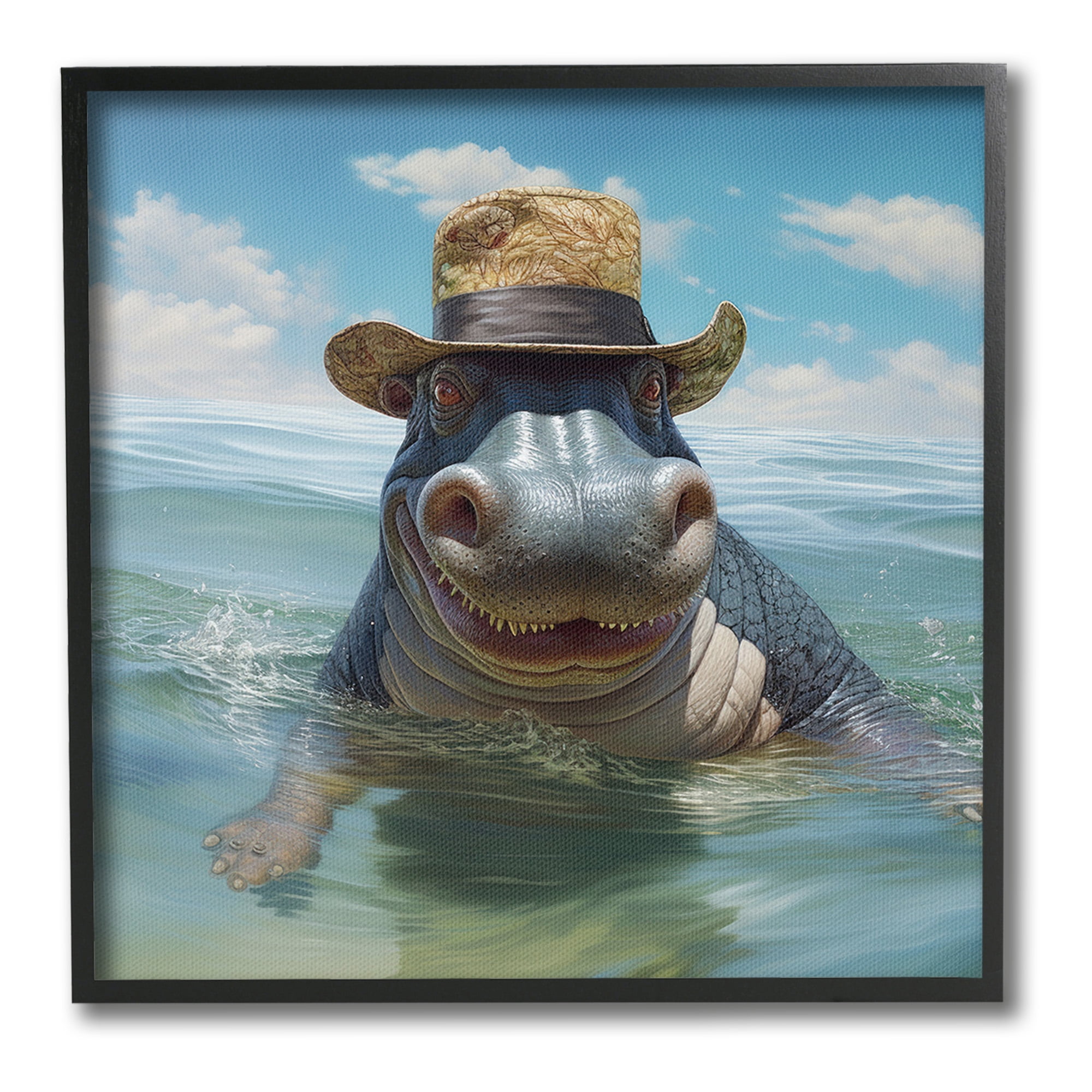 Stupell Industries Hippo with Trendy Hat Animals & Insects Painting Black Framed Art Print Wall Art, 12 x 12