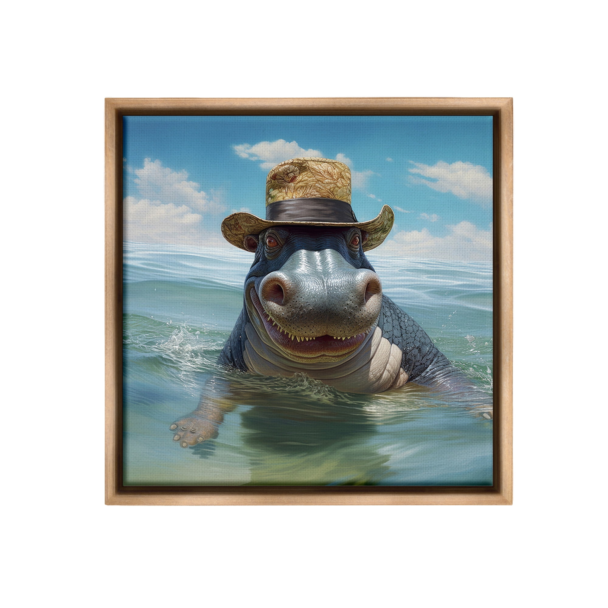 Stupell Industries Hippo with Trendy Hat Animals & Insects Painting Brown Floater Framed Canvas Art Print Wall Art, 18 x 18