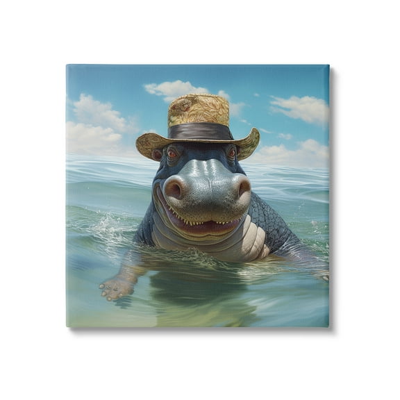 Stupell Industries Hippo with Trendy Hat Animals & Insects Painting Gallery Wrapped Canvas Art Print Wall Art, 17 x 17