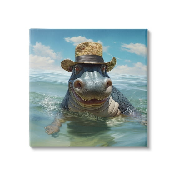 Stupell Industries Hippo with Trendy Hat Animals & Insects Painting Gallery Wrapped Canvas Art Print Wall Art, 17 x 17