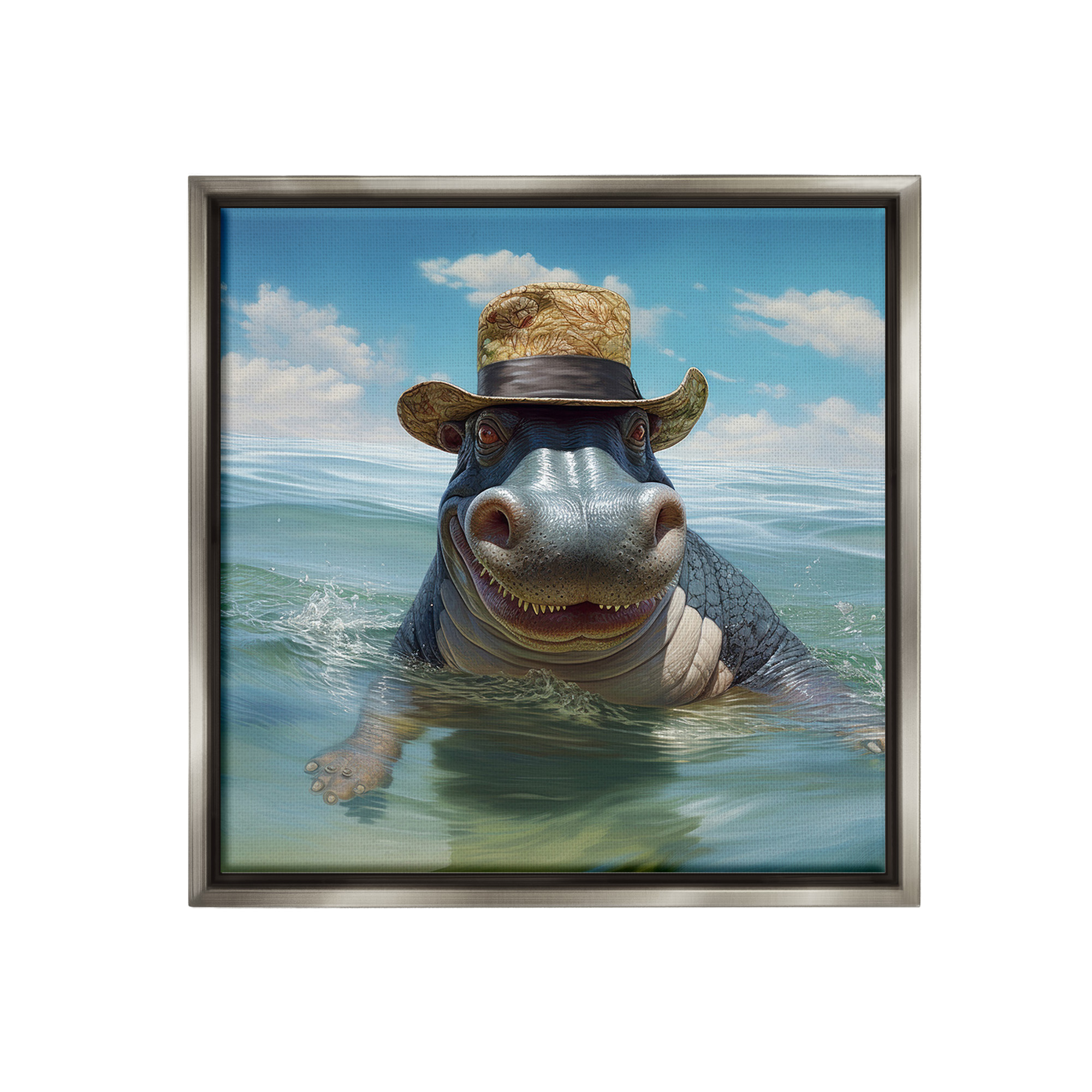 Stupell Industries Hippo with Trendy Hat Animals & Insects Painting Gray Floater Framed Canvas Art Print Wall Art, 25 x 25