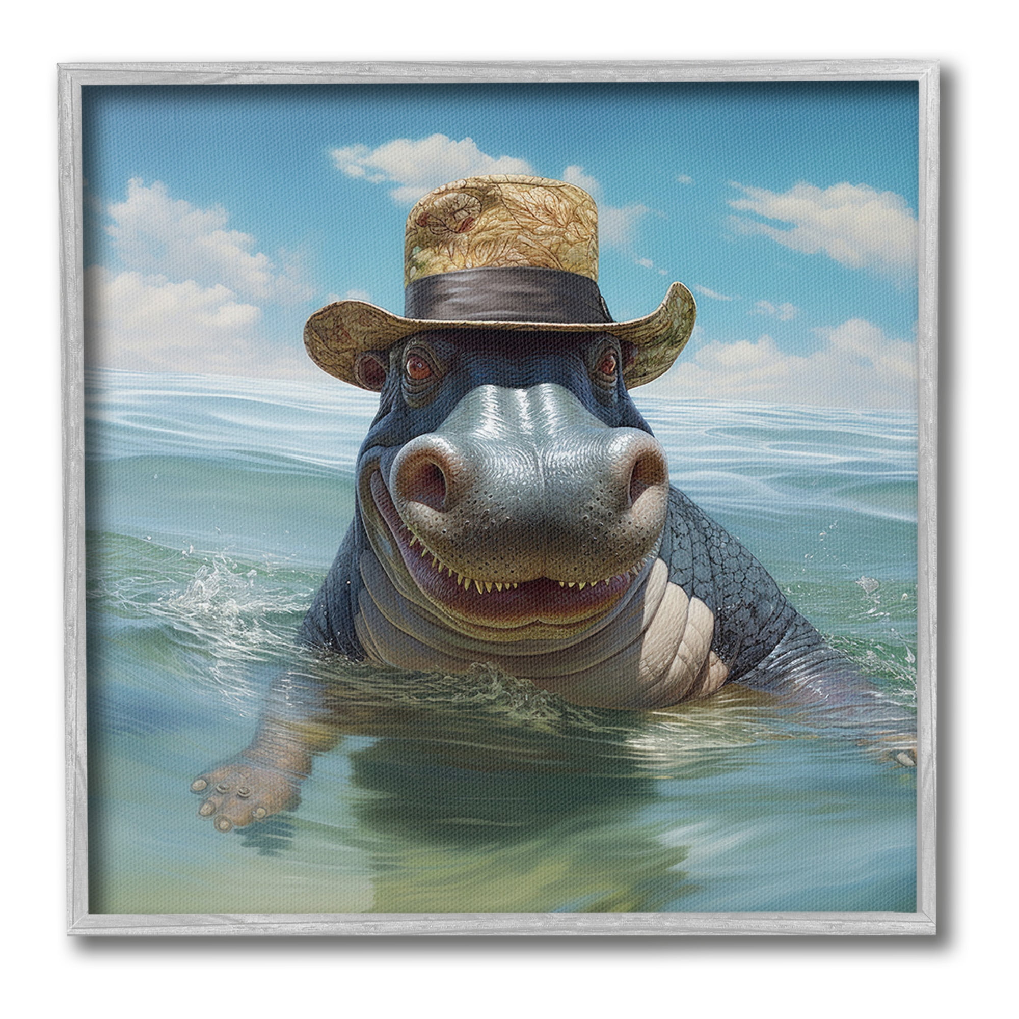 Stupell Industries Hippo with Trendy Hat Animals & Insects Painting Gray Framed Art Print Wall Art, 17 x 17