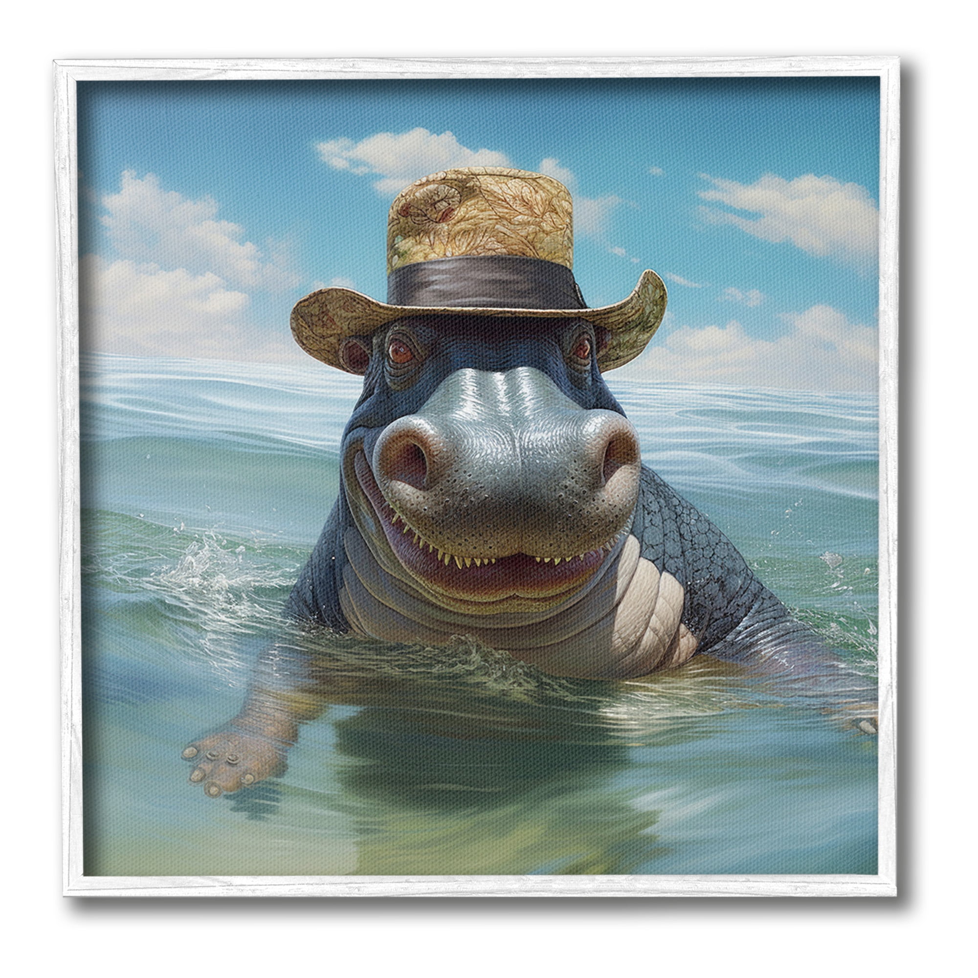 Stupell Industries Hippo with Trendy Hat Animals & Insects Painting White Framed Art Print Wall Art, 17 x 17