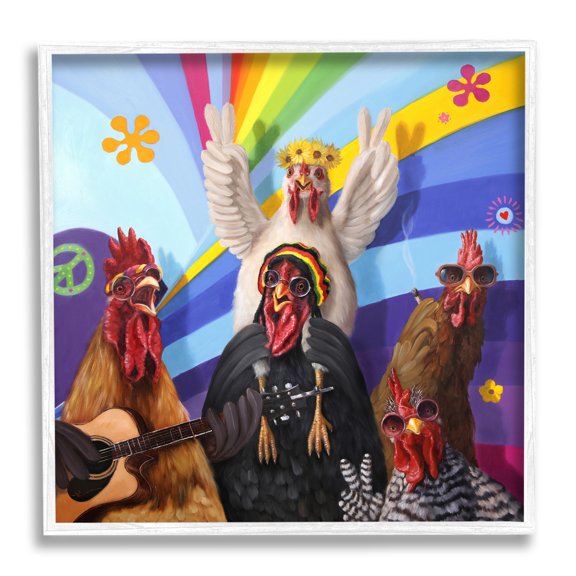 Stupell Industries Hippy Chicken Birds Singing Guitar Instrument Smoking Rainbows,12 x 12, Design by Lucia Heffernan