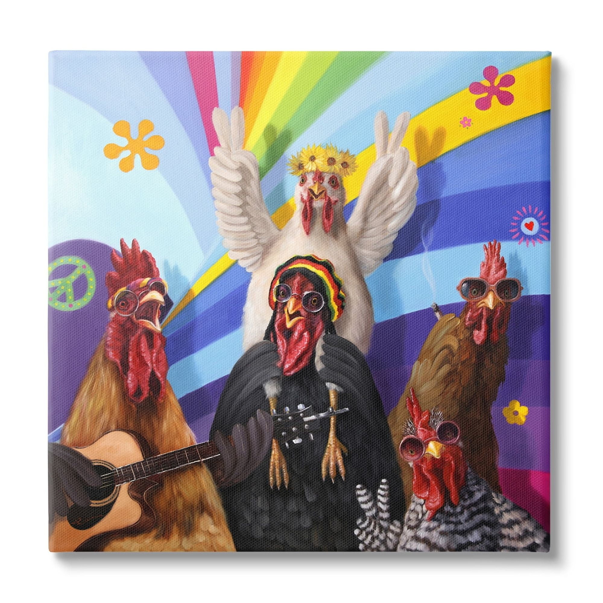 Stupell Industries Hippy Chicken Birds Singing Guitar Instrument Smoking Rainbows,17 x 17, Design by Lucia Heffernan