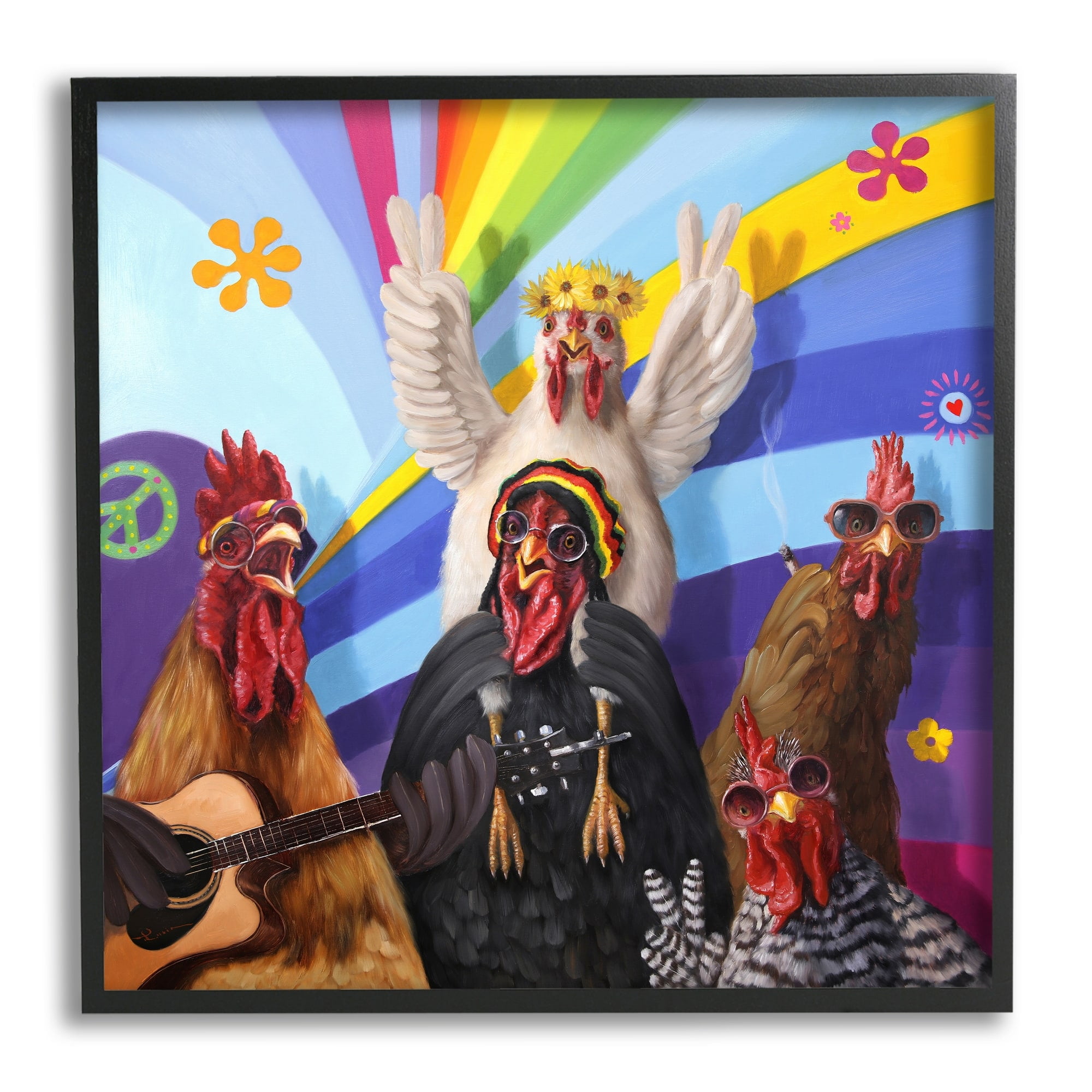 Stupell Industries Hippy Chicken Birds Singing Guitar Instrument Smoking Rainbows,17 x 30, Design by Lucia Heffernan