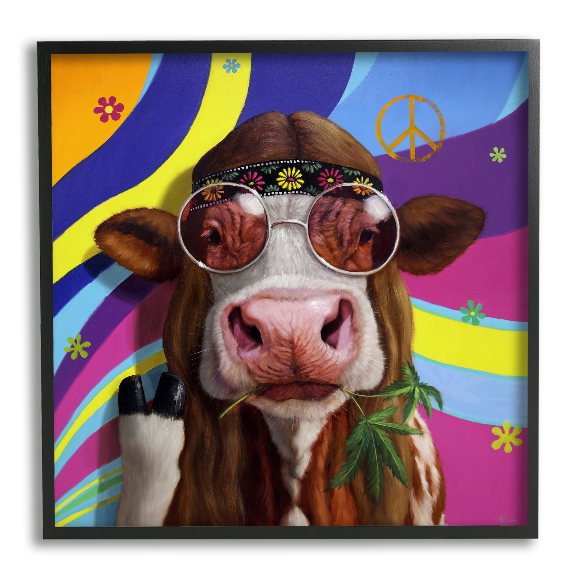 Stupell Industries Hippy Farm Cow Retro Groovy Stripes Peace Sign, 12 x 12, Design by Lucia Heffernan