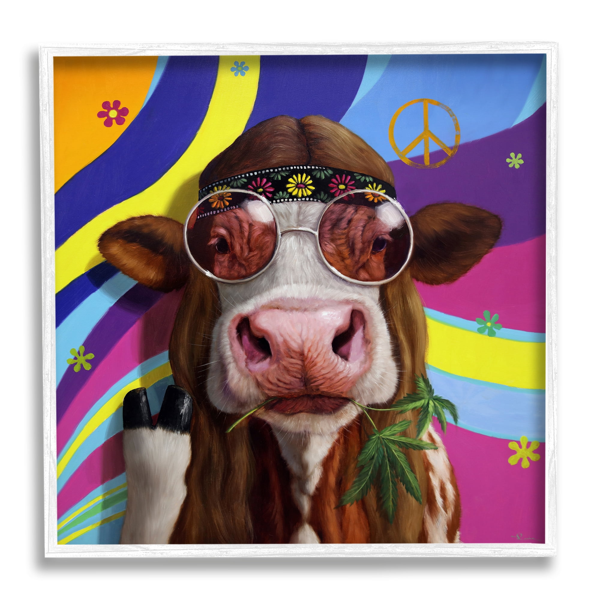 Stupell Industries Hippy Farm Cow Retro Groovy Stripes Peace Sign, 17 x 17, Design by Lucia Heffernan