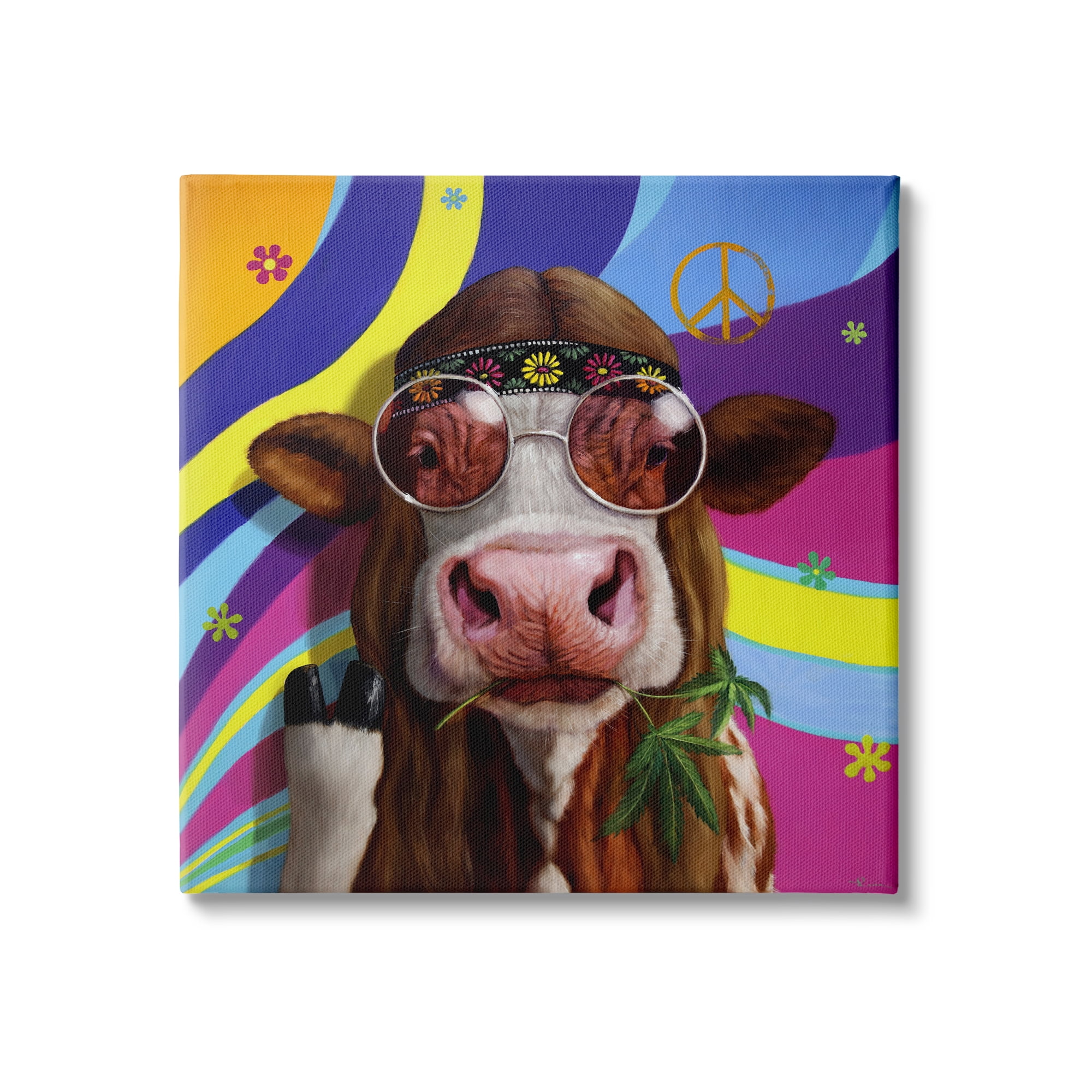 Stupell Industries Hippy Farm Cow Retro Groovy Stripes Peace Sign, 17 x 17, Design by Lucia Heffernan
