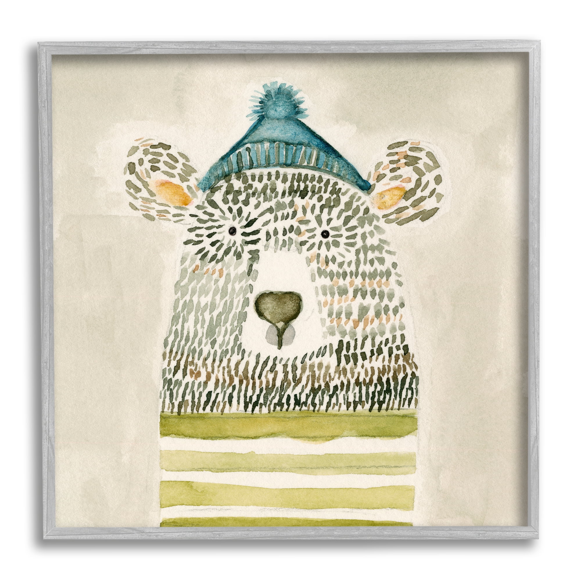 Stupell Industries Hipster Bear with Striped Shirt Blue Beanie Animals & Insects Painting Gray Framed Art Print Wall Art, 12 x 12