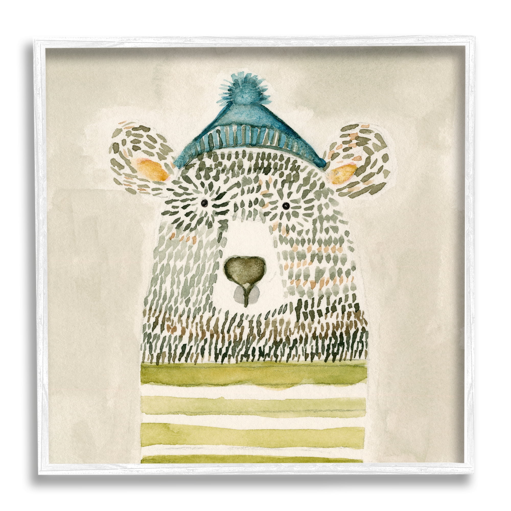 Stupell Industries Hipster Bear with Striped Shirt Blue Beanie Animals & Insects Painting White Framed Art Print Wall Art, 12 x 12