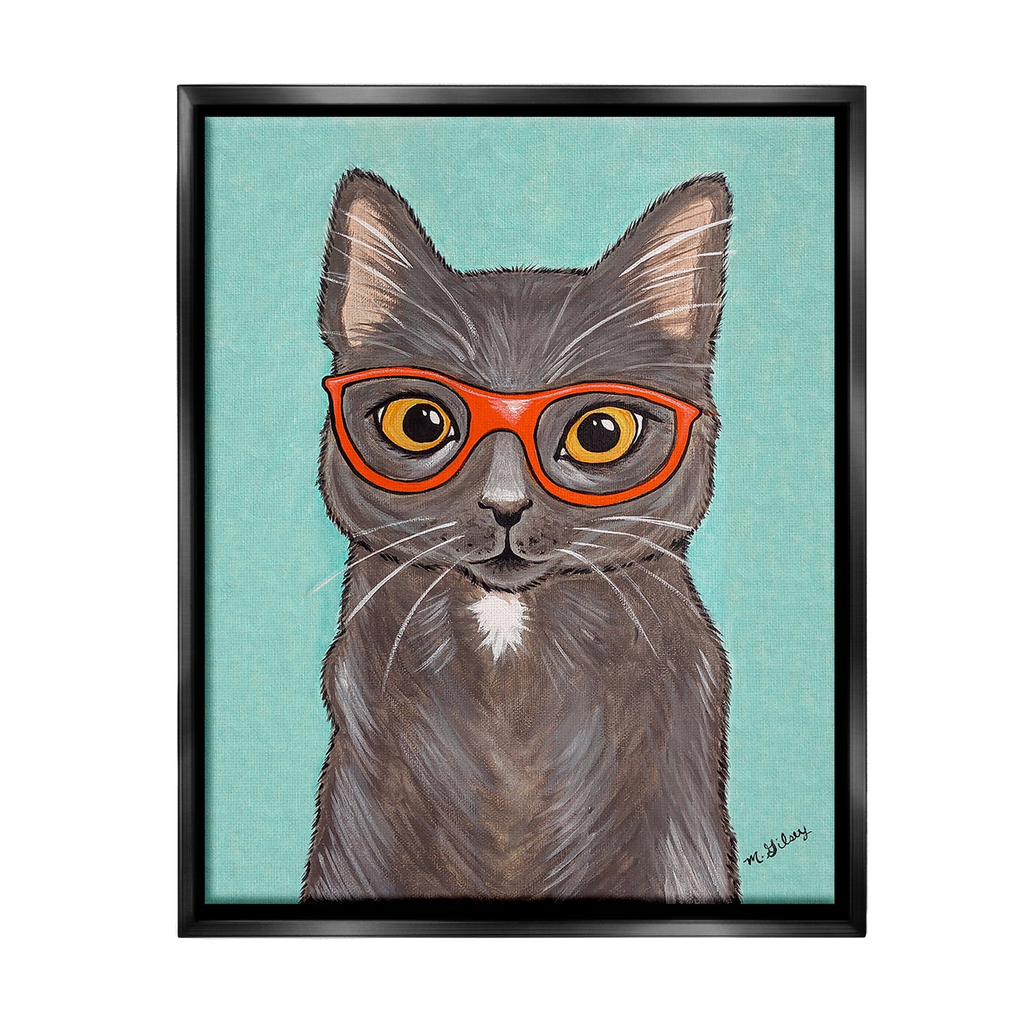 Stupell Industries Hipster Cat Red Glasses Animals & Insects Painting Black Floater Framed Canvas Art Print Wall Art, 25 x 31