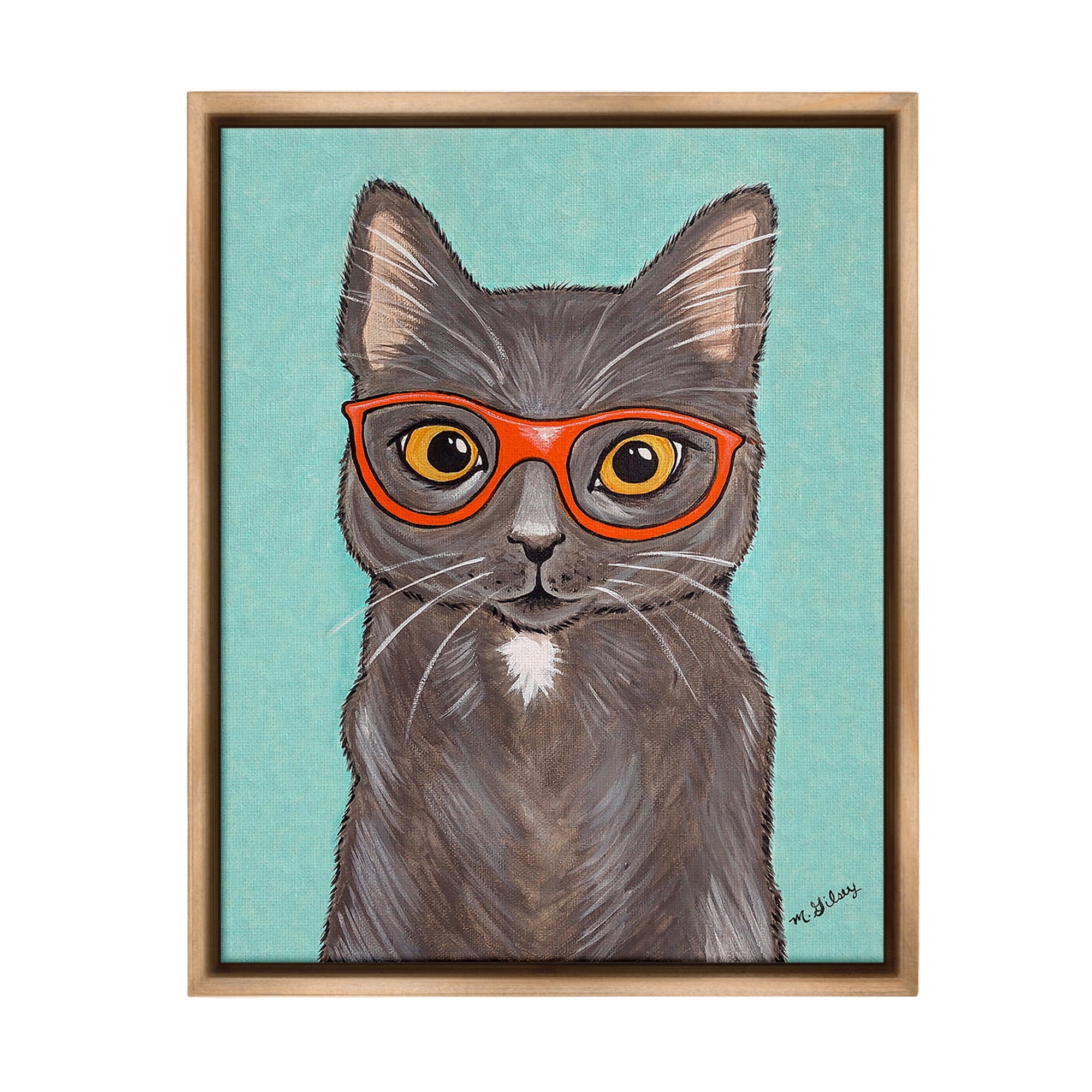 Stupell Industries Hipster Cat Red Glasses Animals & Insects Painting Brown Floater Framed Canvas Art Print Wall Art, 17 x 21
