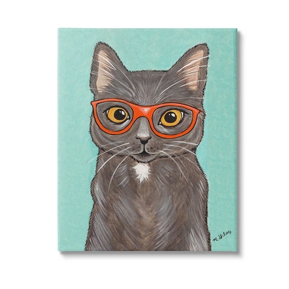 Stupell Industries Hipster Cat Red Glasses Animals & Insects Painting Gallery Wrapped Canvas Art Print Wall Art, 16 x 20