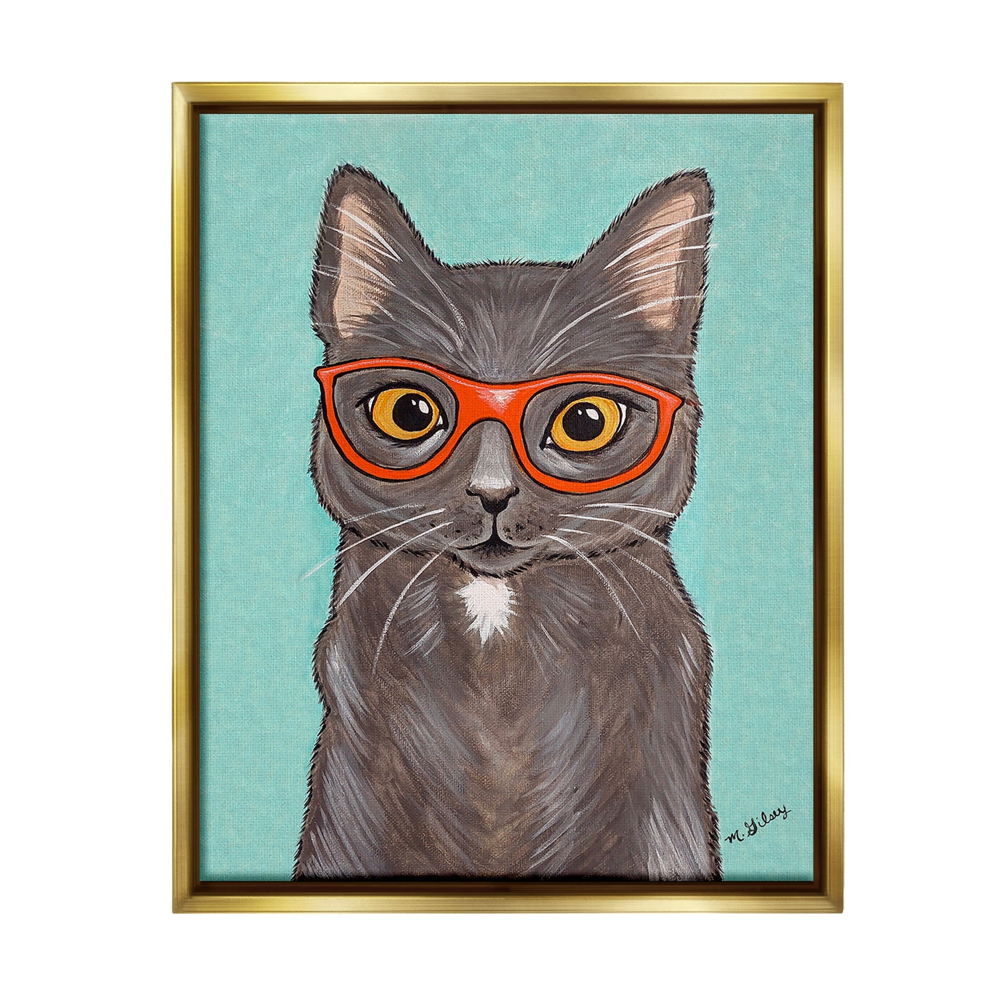 Stupell Industries Hipster Cat Red Glasses Animals & Insects Painting Gold Floater Framed Canvas Art Print Wall Art, 17 x 21