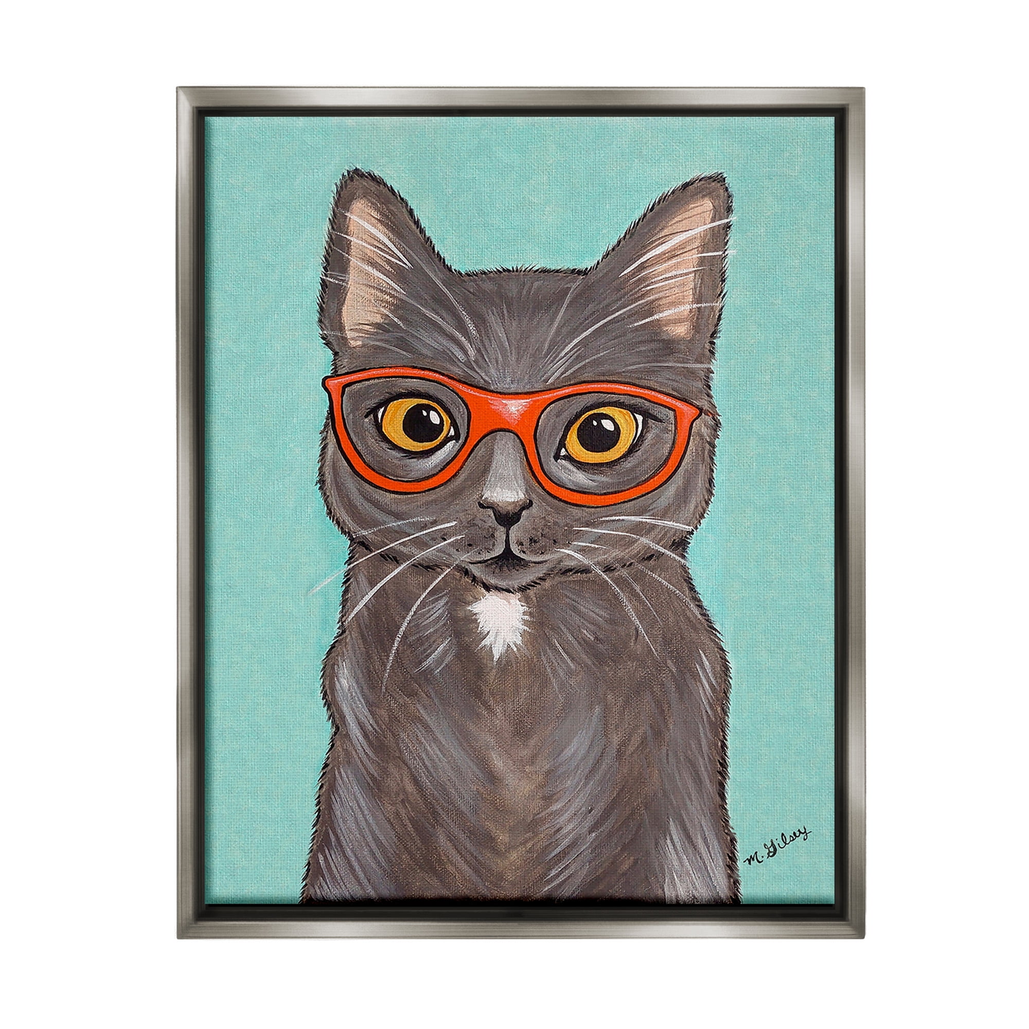 Stupell Industries Hipster Cat Red Glasses Animals & Insects Painting Gray Floater Framed Canvas Art Print Wall Art, 25 x 31