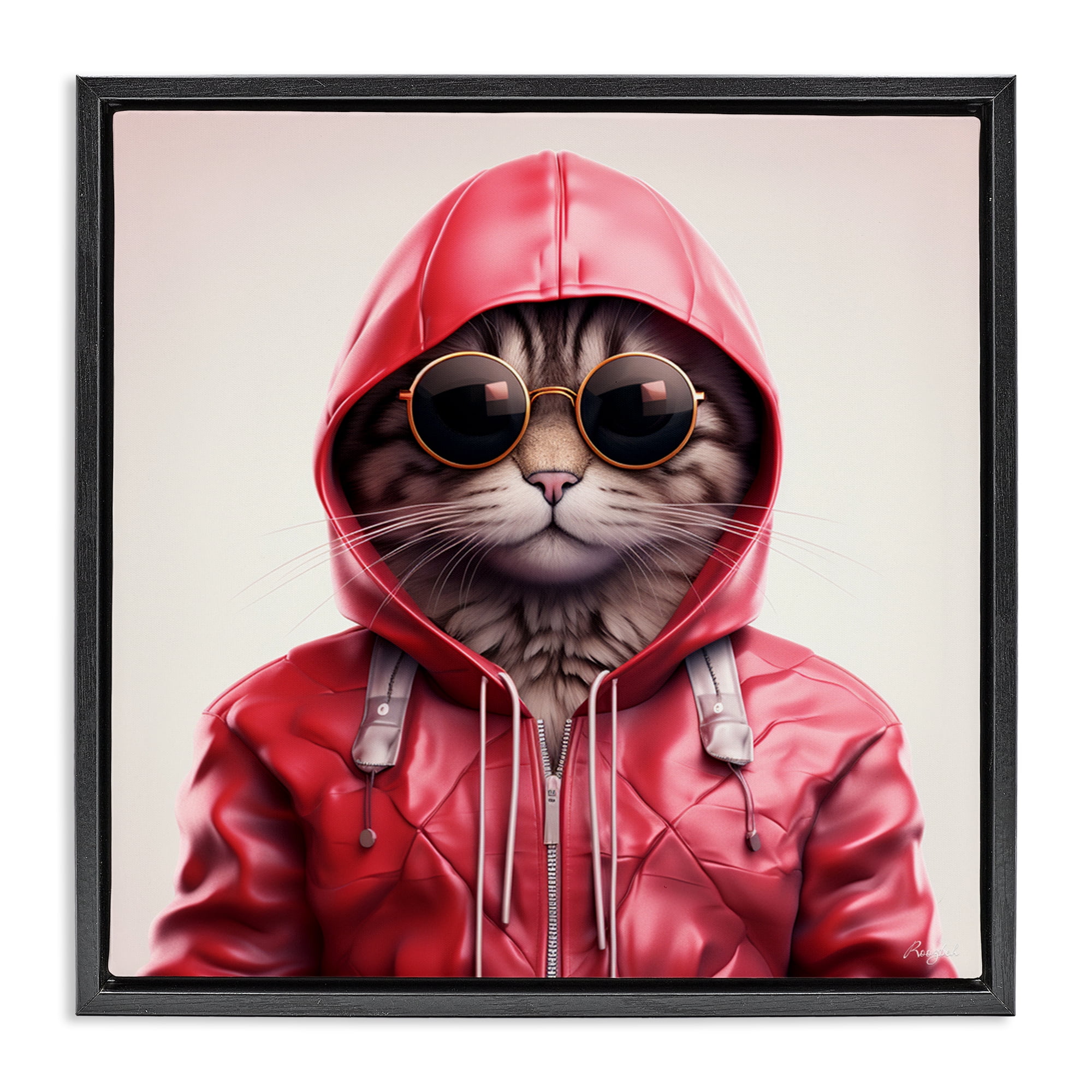 Stupell Industries Hipster Cat in Stylish Jacket Black Framed Floater Canvas Wall Art, design by Roozbeh