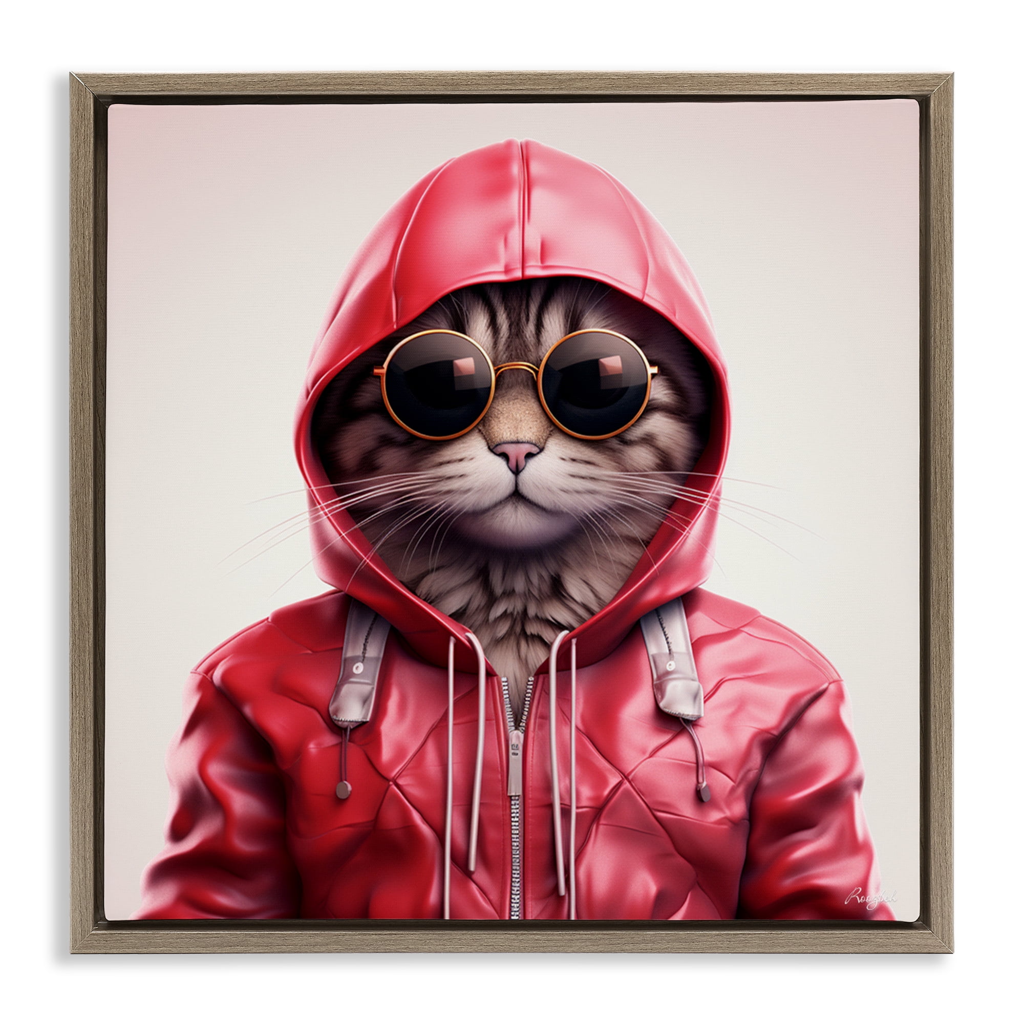 Stupell Industries Hipster Cat in Stylish Jacket Brown Framed Floater Canvas Wall Art, design by Roozbeh