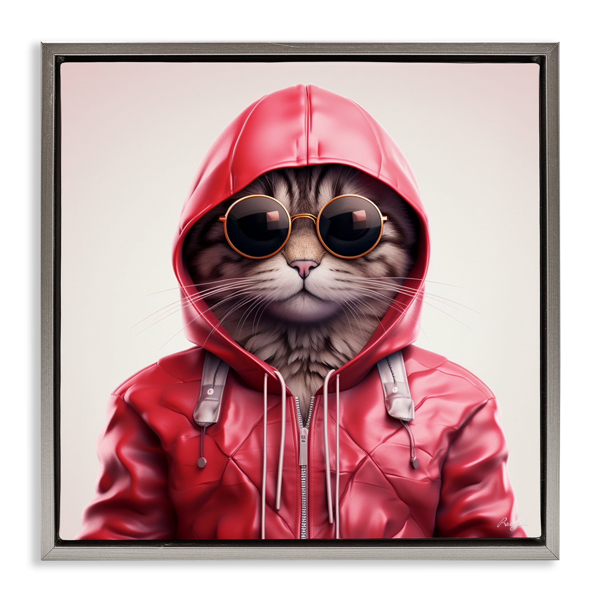 Stupell Industries Hipster Cat in Stylish Jacket Gray Framed Floater Canvas Wall Art, design by Roozbeh