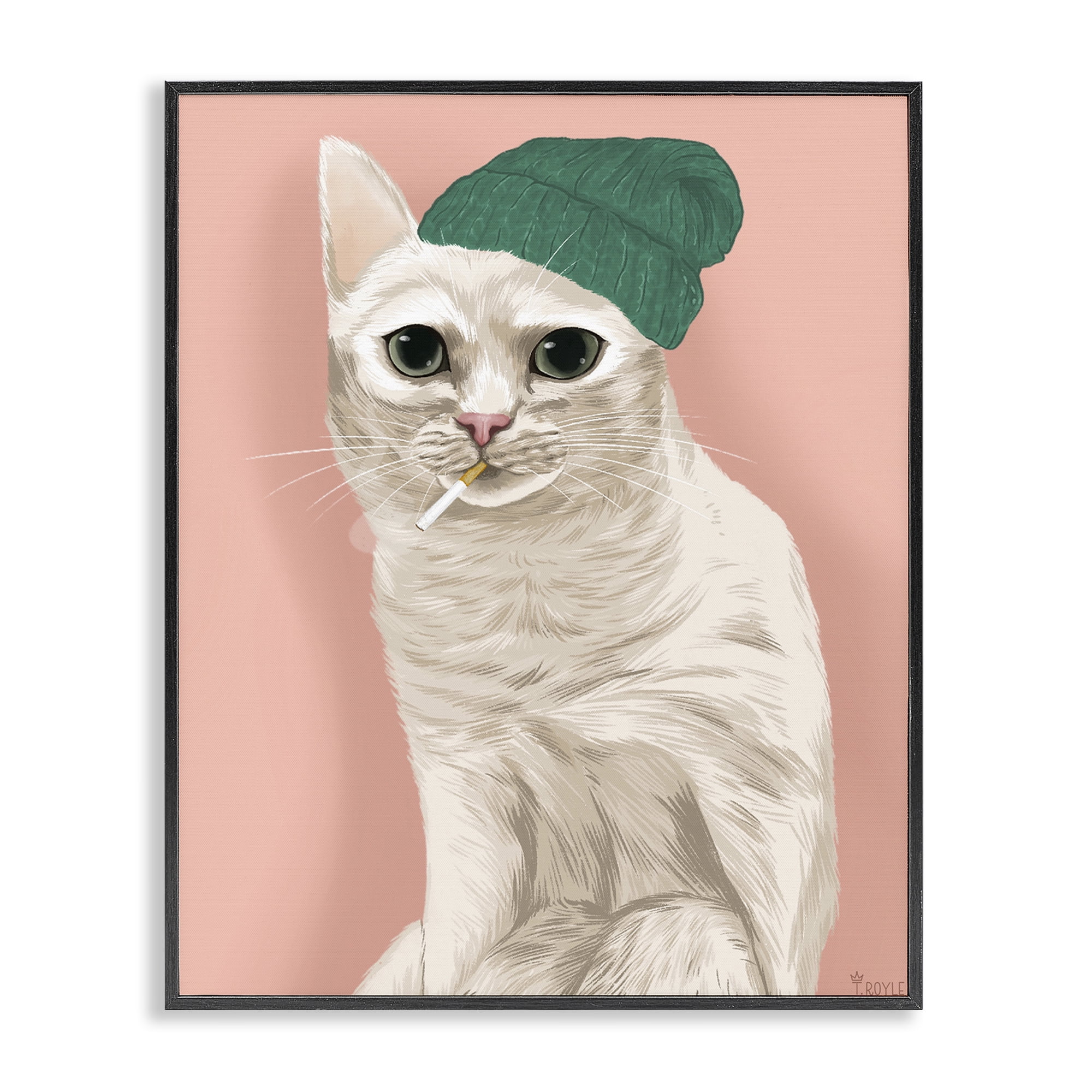 Stupell Industries Hipster Cat with Beanie Animals Painting Black Framed Art Print Wall Art, 16 x 20