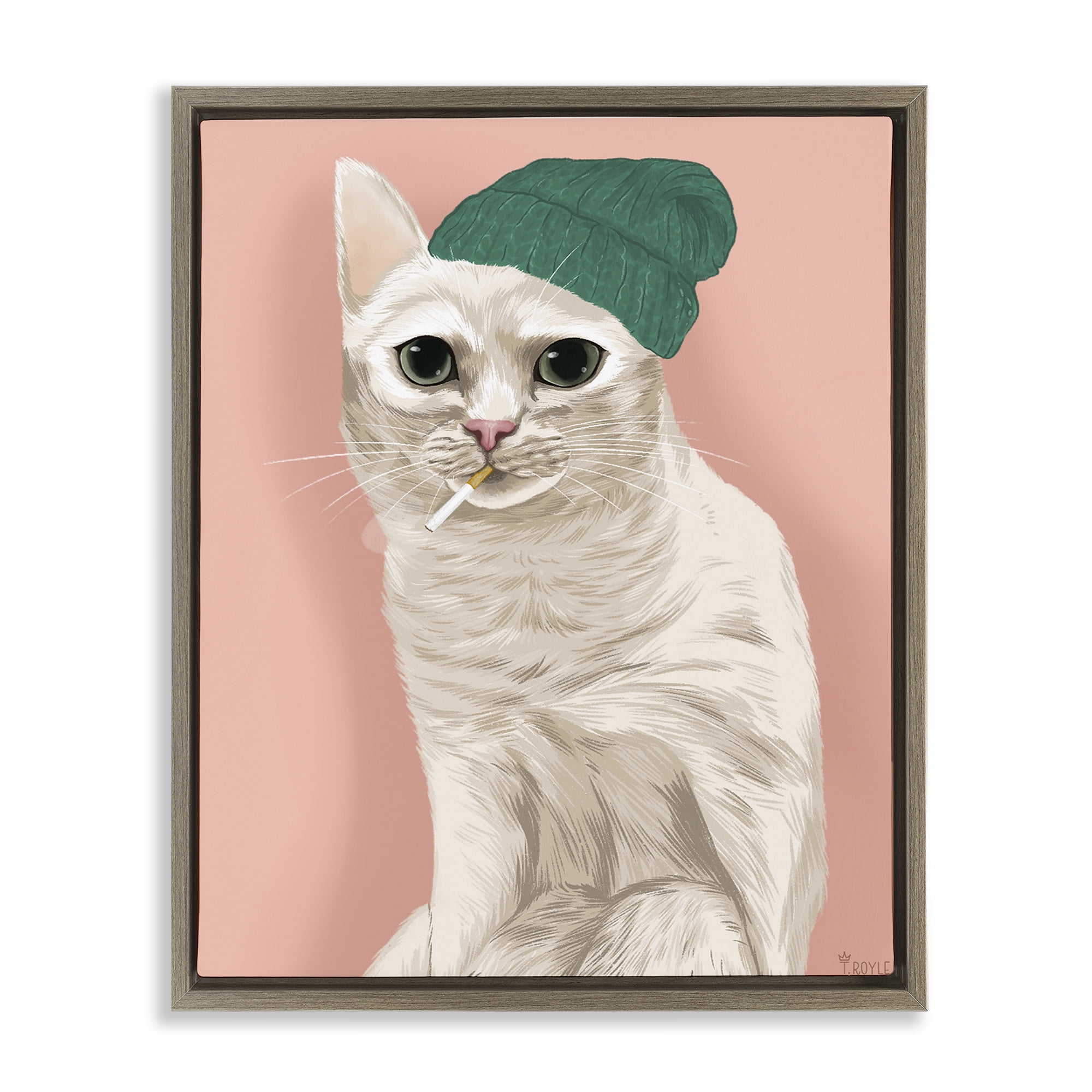 Stupell Industries Hipster Cat with Beanie Animals Painting Brown Floater Framed Canvas Art Print Wall Art, 17 x 21