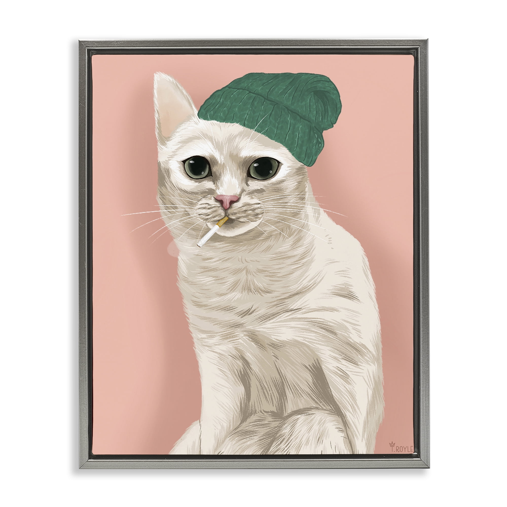 Stupell Industries Hipster Cat with Beanie Animals Painting Gray Floater Framed Canvas Art Print Wall Art, 25 x 31