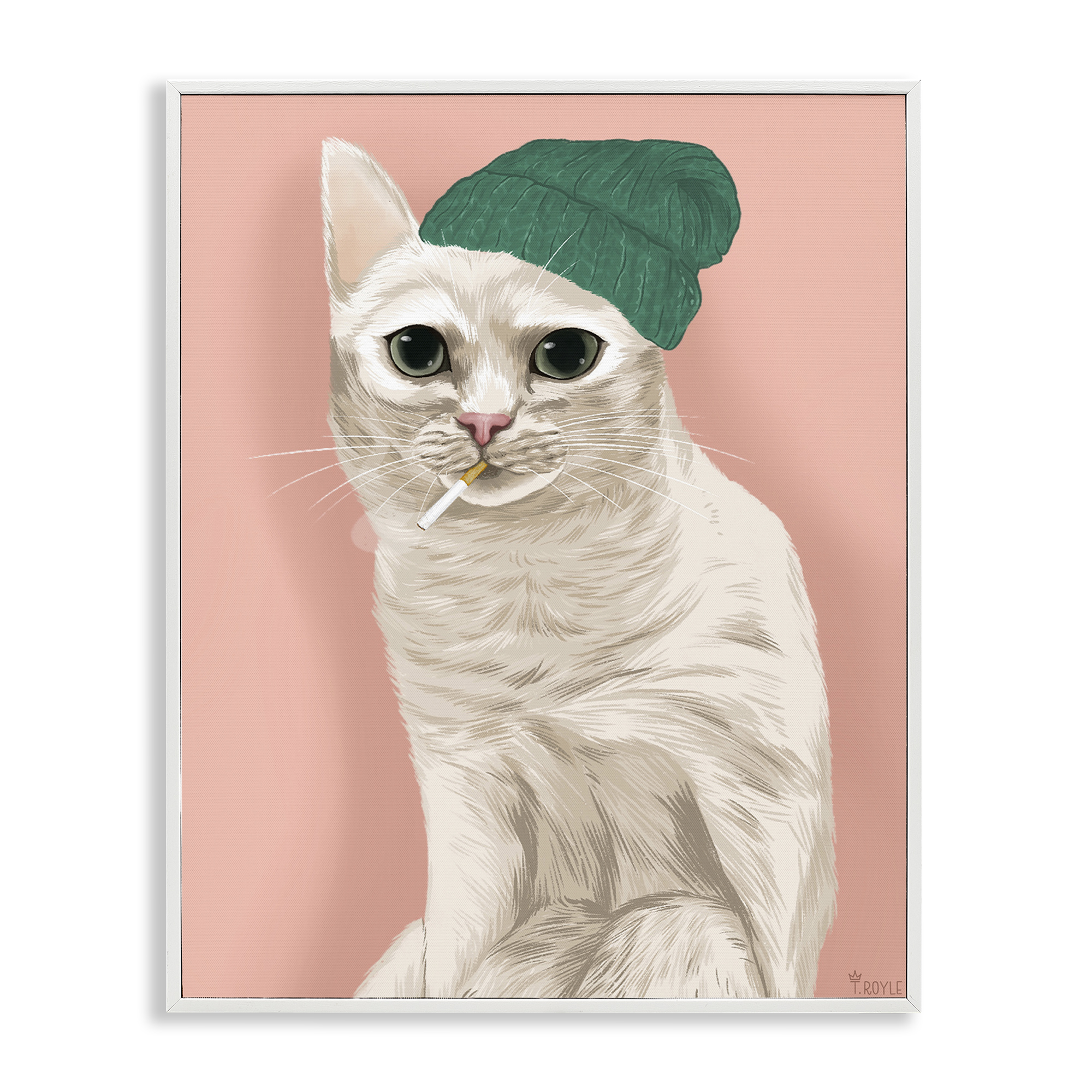 Stupell Industries Hipster Cat with Beanie Animals Painting White Framed Art Print Wall Art, 16 x 20