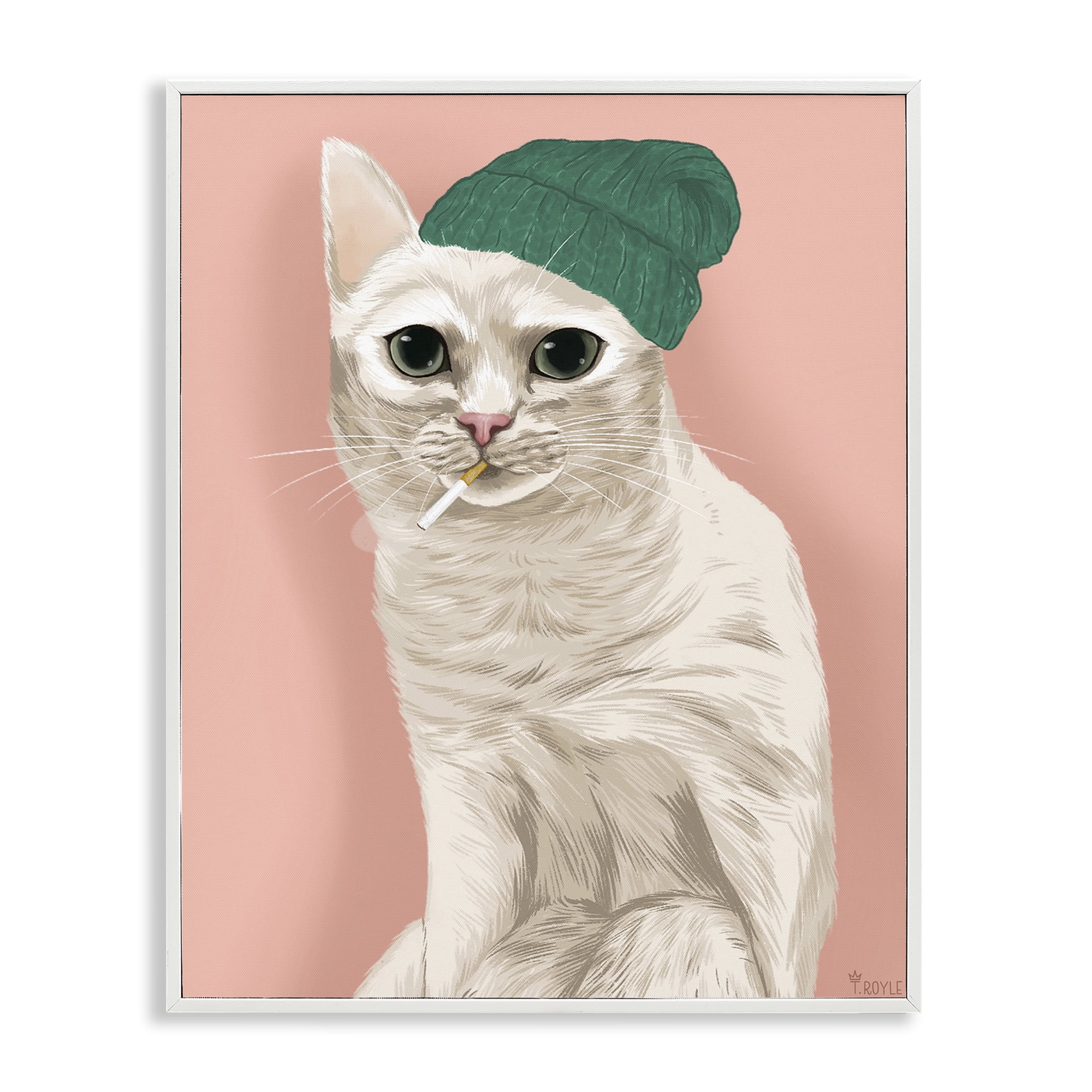 Stupell Industries Hipster Cat with Beanie Animals Painting White Framed Art Print Wall Art, 24 x 30