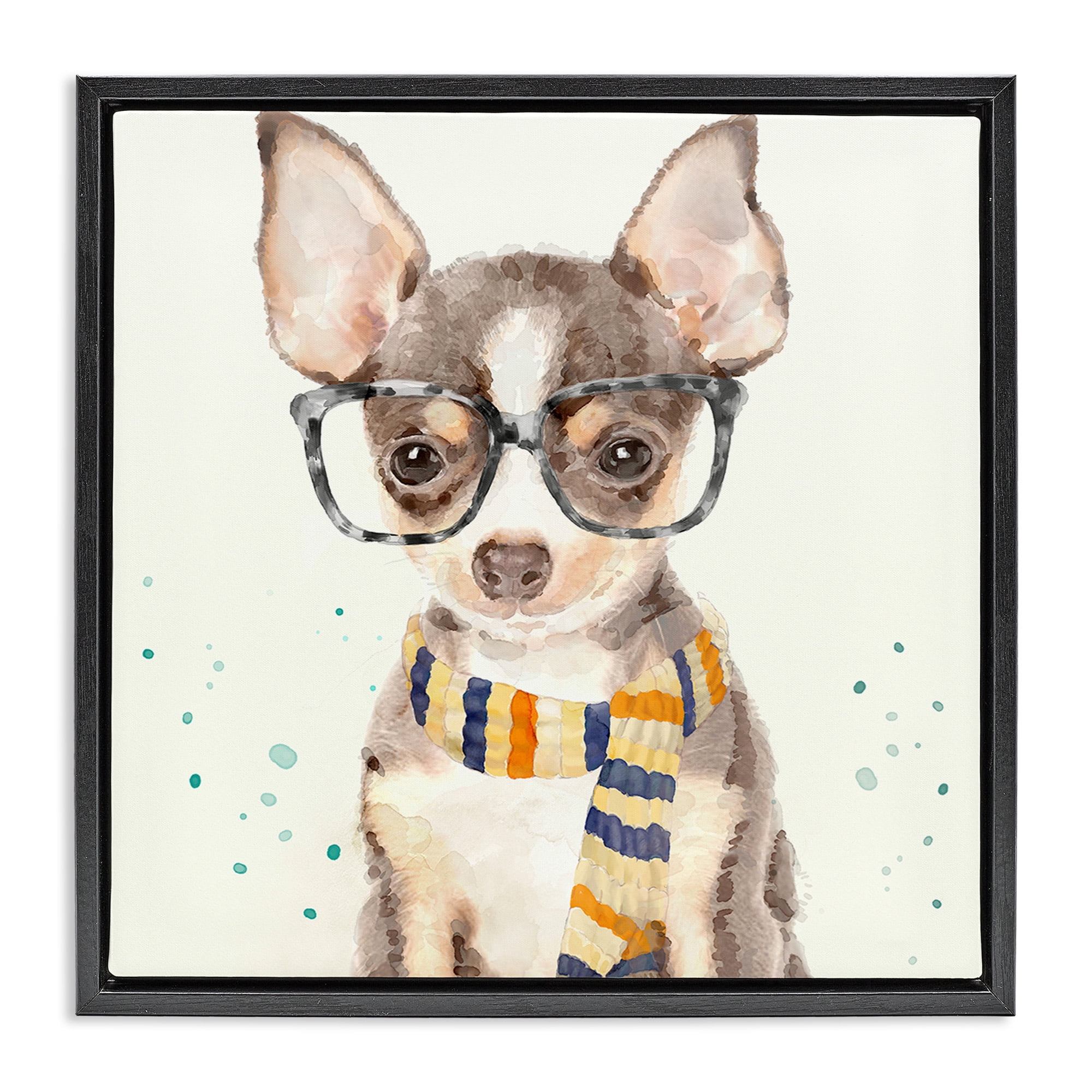 Stupell Industries Hipster Chihuahua Puppy Watercolor Animals & Insects Painting Black Floater Framed Canvas Art Print Wall Art, 18 x 18