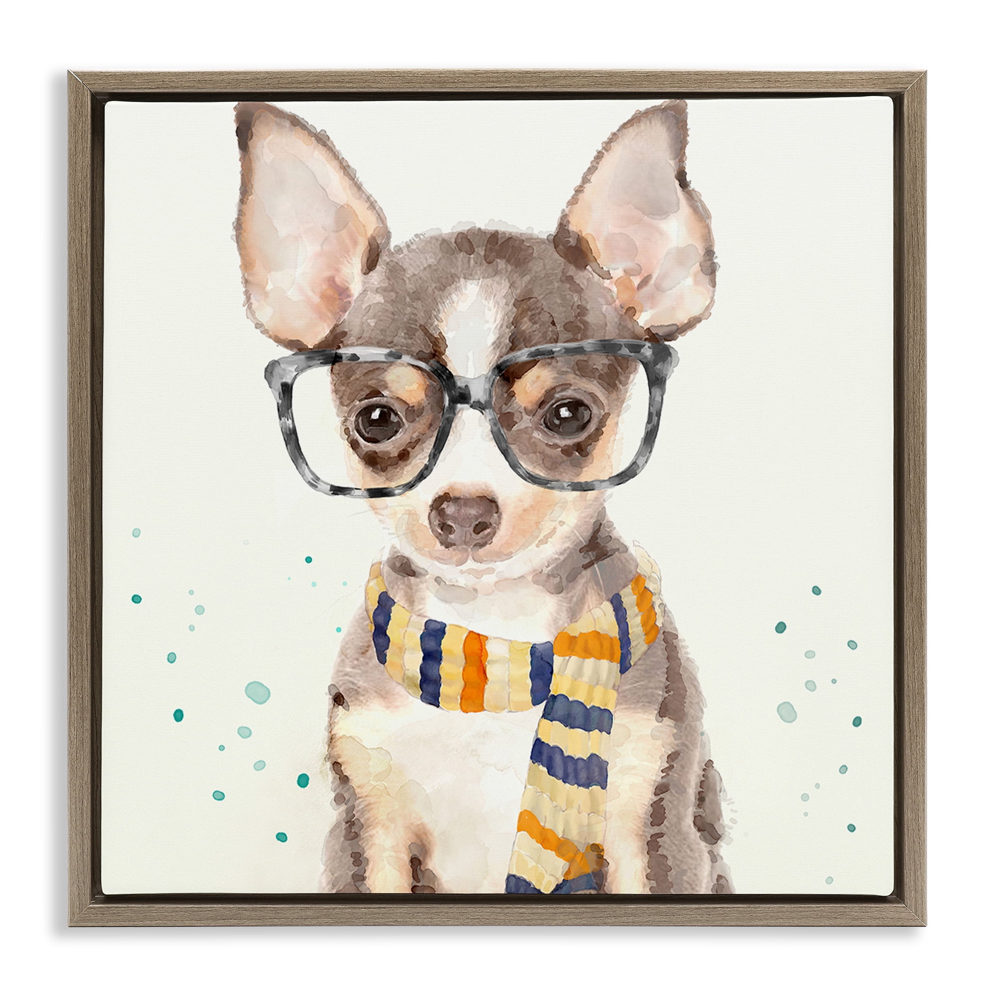 Stupell Industries Hipster Chihuahua Puppy Watercolor Animals & Insects Painting Brown Floater Framed Canvas Art Print Wall Art, 18 x 18