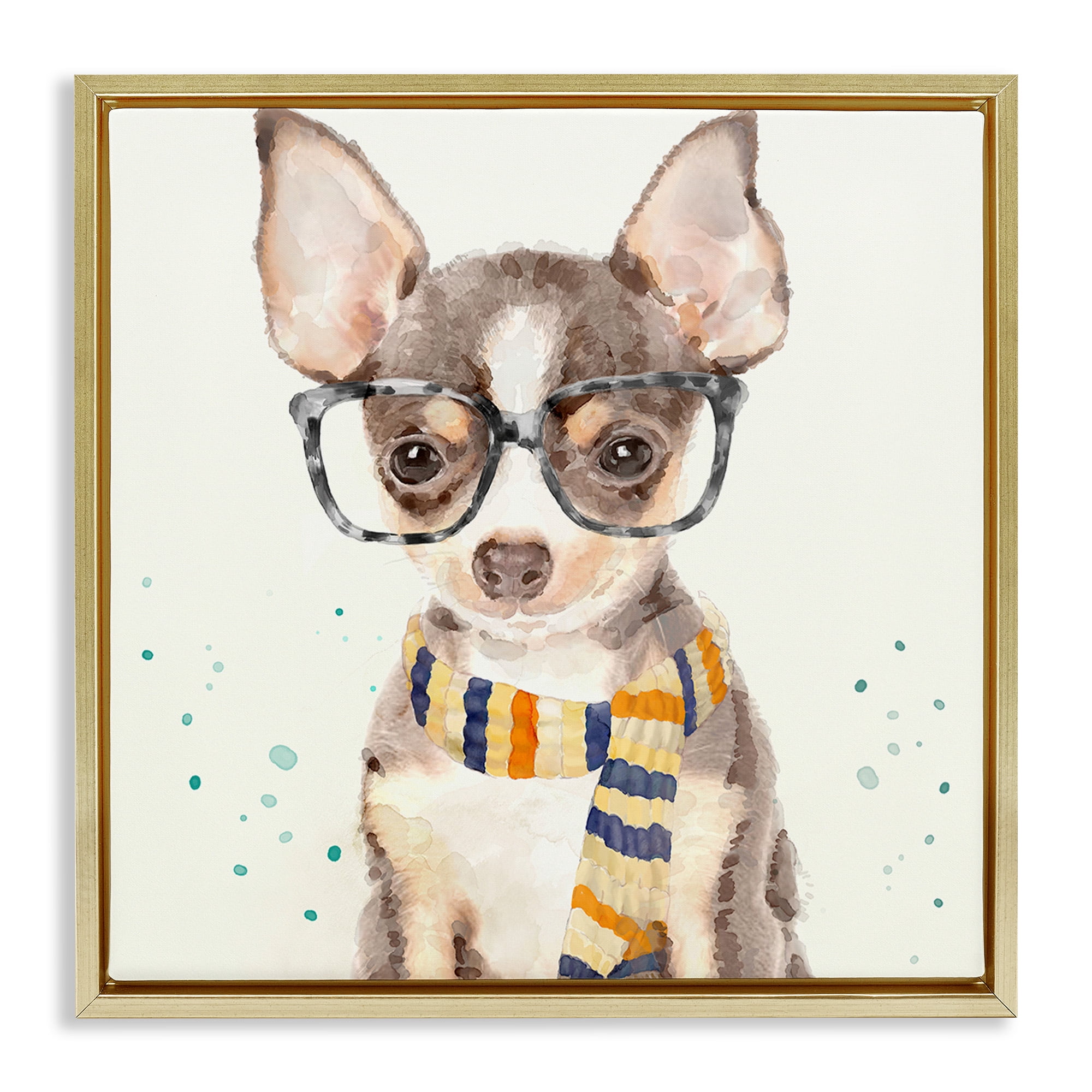 Stupell Industries Hipster Chihuahua Puppy Watercolor Animals & Insects Painting Gold Floater Framed Canvas Art Print Wall Art, 25 x 25