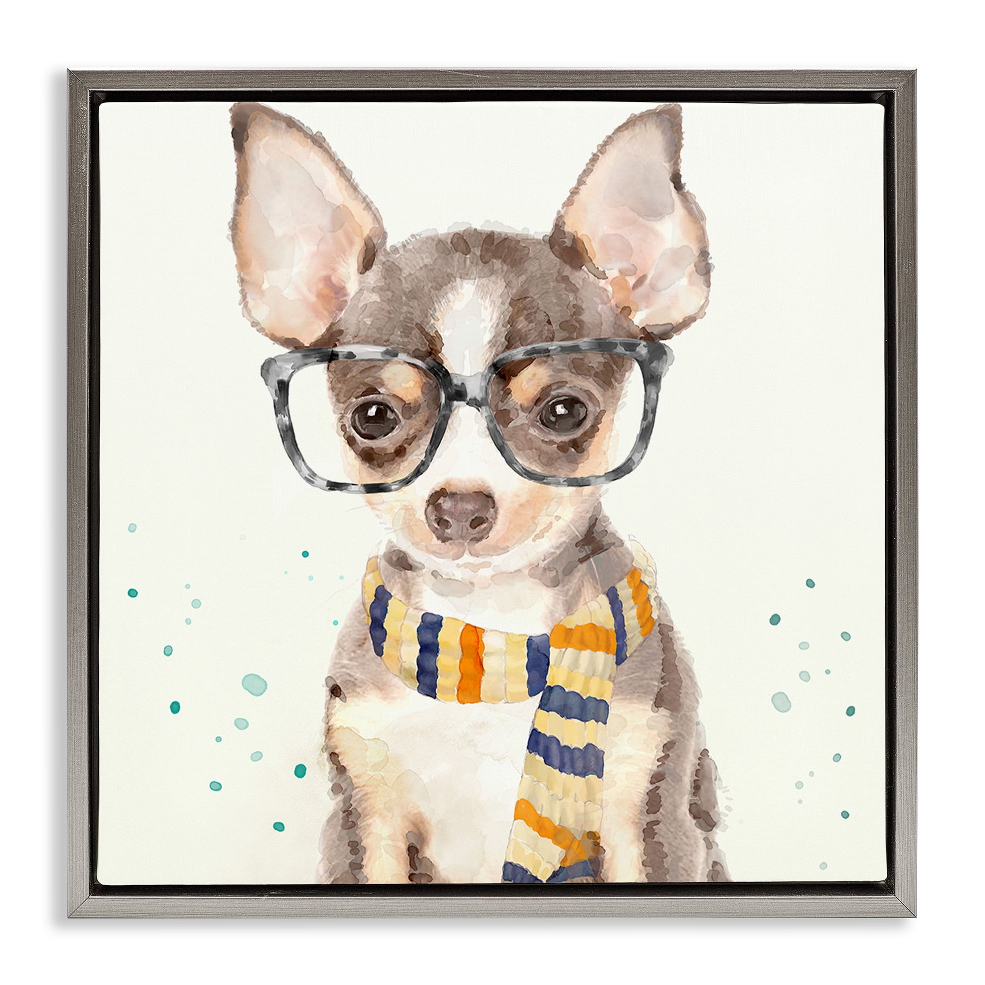Stupell Industries Hipster Chihuahua Puppy Watercolor Animals & Insects Painting Gray Floater Framed Canvas Art Print Wall Art, 25 x 25