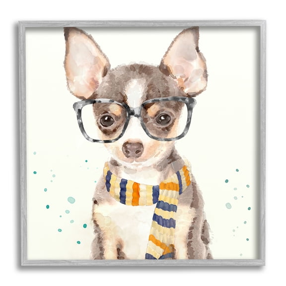 Stupell Industries Hipster Chihuahua Puppy With Glasses And Scarf Watercolor Gray Framed Art Print Wall Art, 12x12, by Main Line Studio