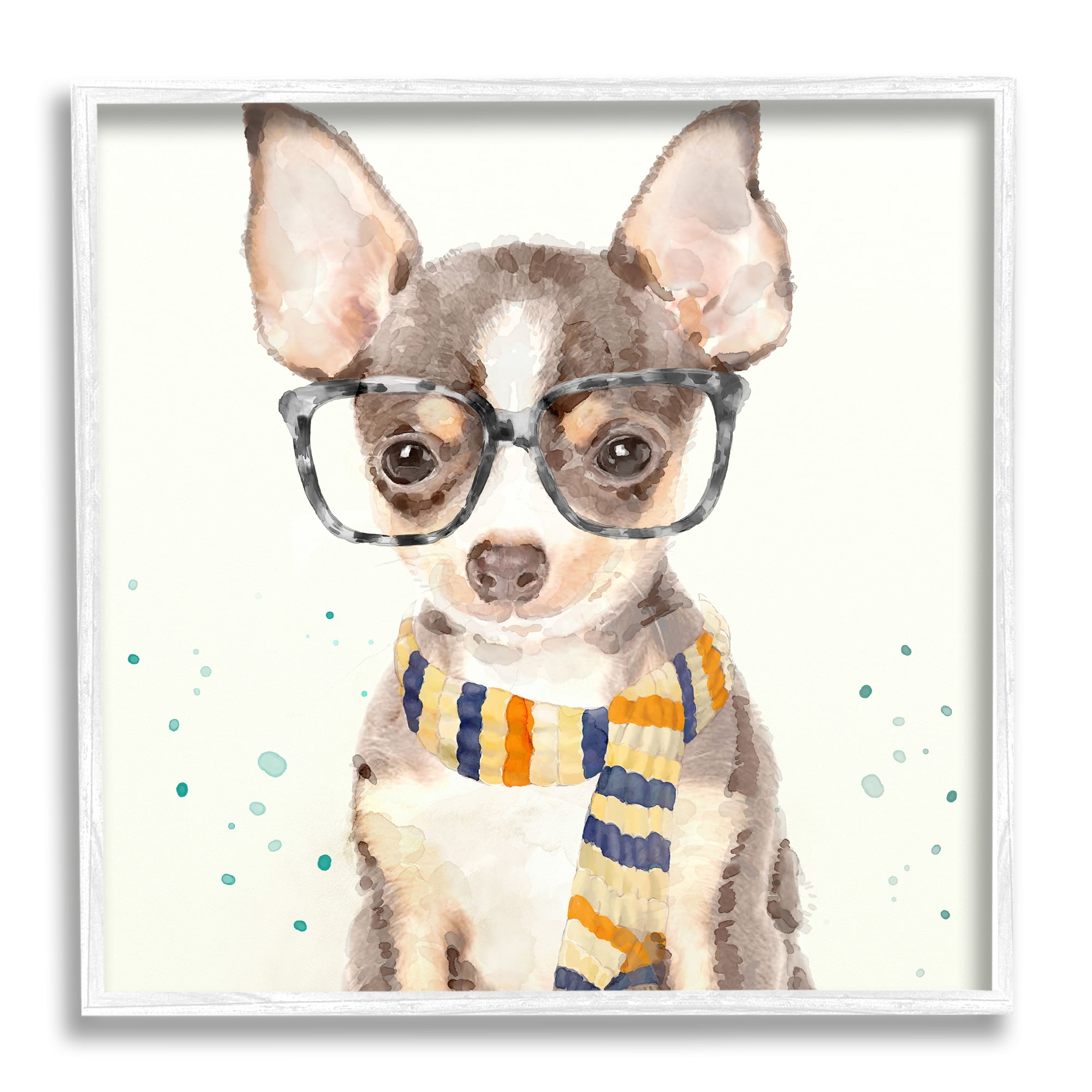 Stupell Industries Hipster Chihuahua Puppy With Glasses And Scarf Watercolor White Framed Art Print Wall Art, 12x12, by Main Line Studio